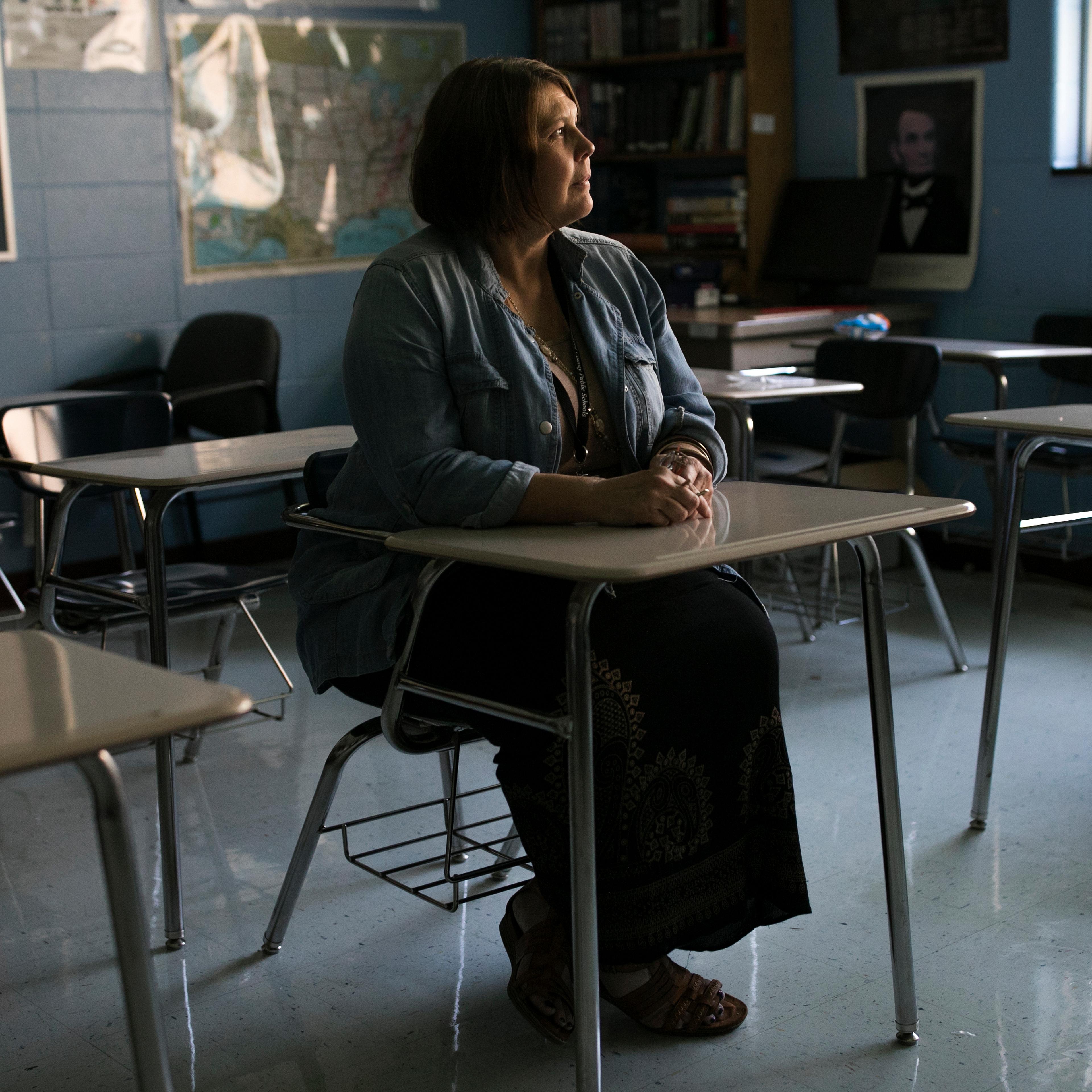 Hope Brown sits in a classroom at Woodford County High School in Versailles, KY on Aug 31.