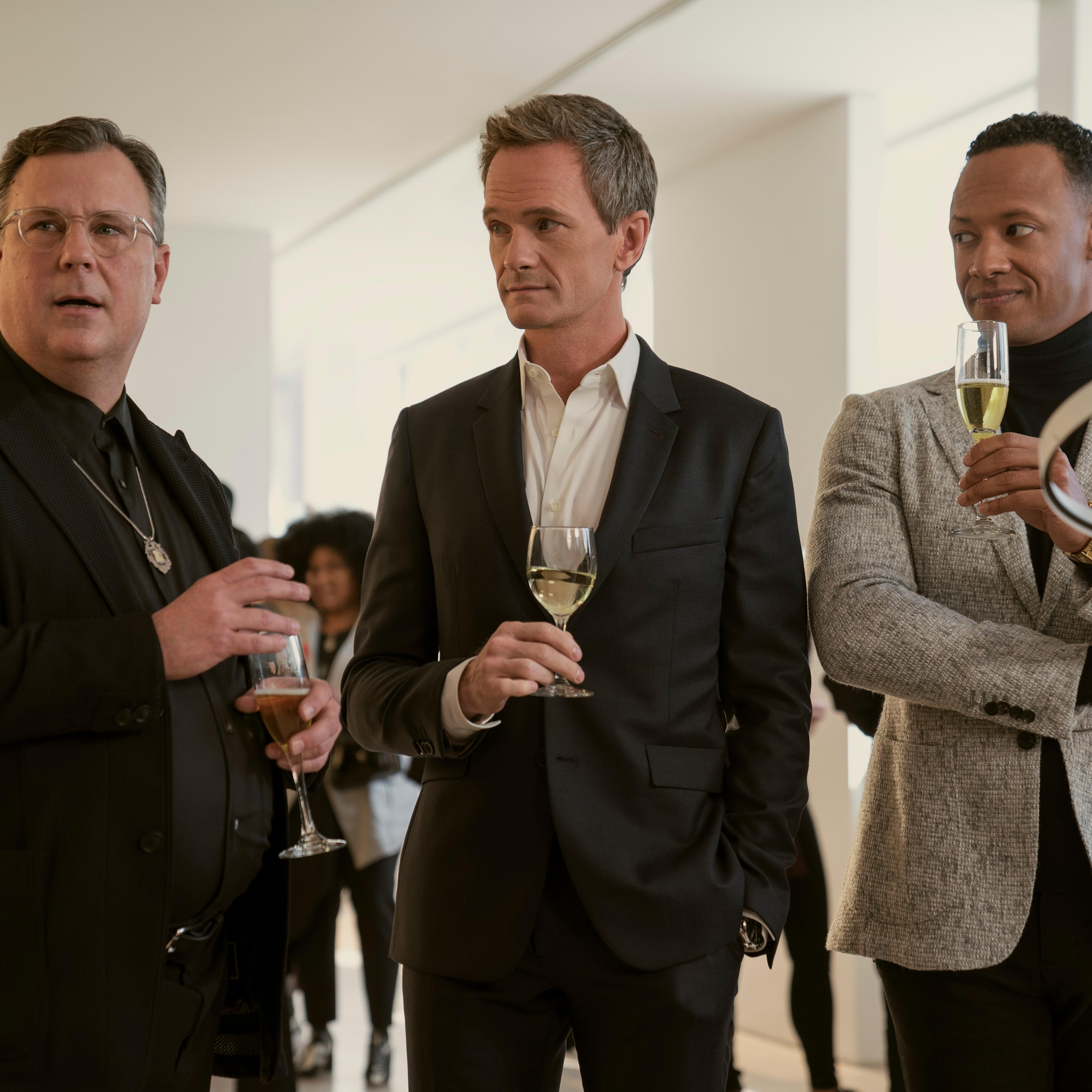 Uncoupled. (L to R) Brooks Ashmanskas as Stanley James, Neil Patrick Harris as Michael Lawson, Emerson Brooks as Billy Jackson in episode 101 of Uncoupled. Cr. Sarah Shatz/Netflix © 2022
