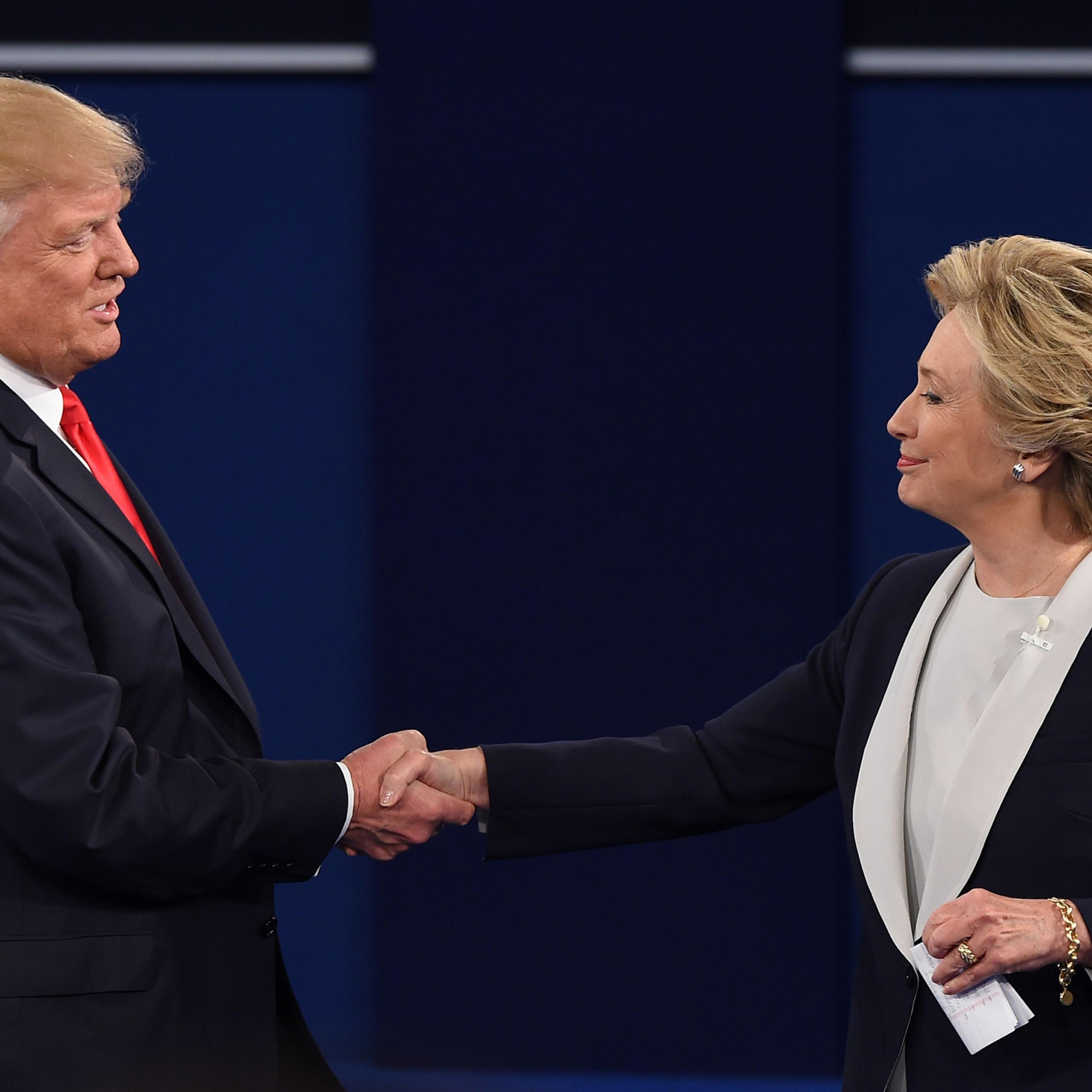 Hillary Clinton and Donald Trump shake hands after the second presidential debate at Washington University in St. Louis, Missouri, on Oct. 9, 2016.