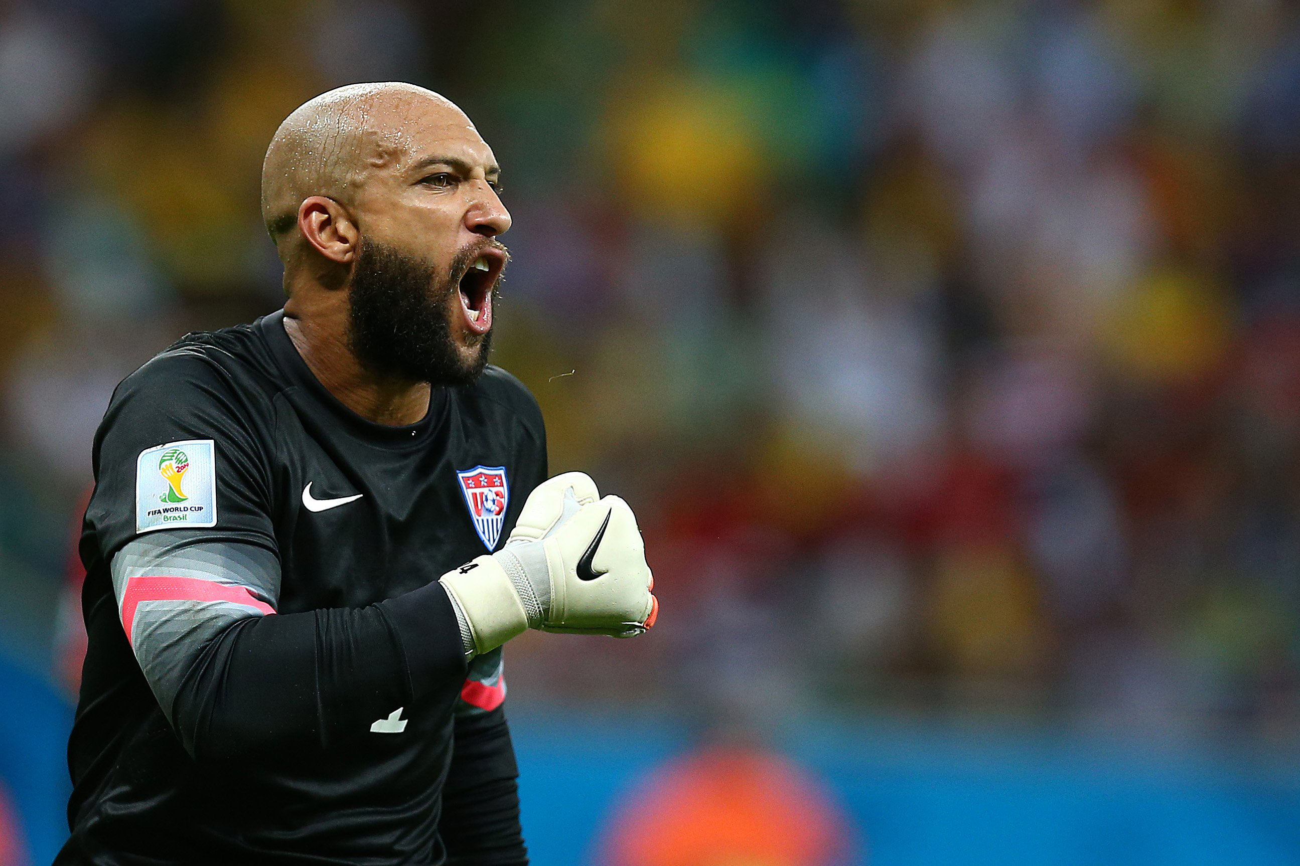 Tim Howard shouts during Belgium - USA game in Arena Fonte Nova, Salvador, Brazil, July 1.