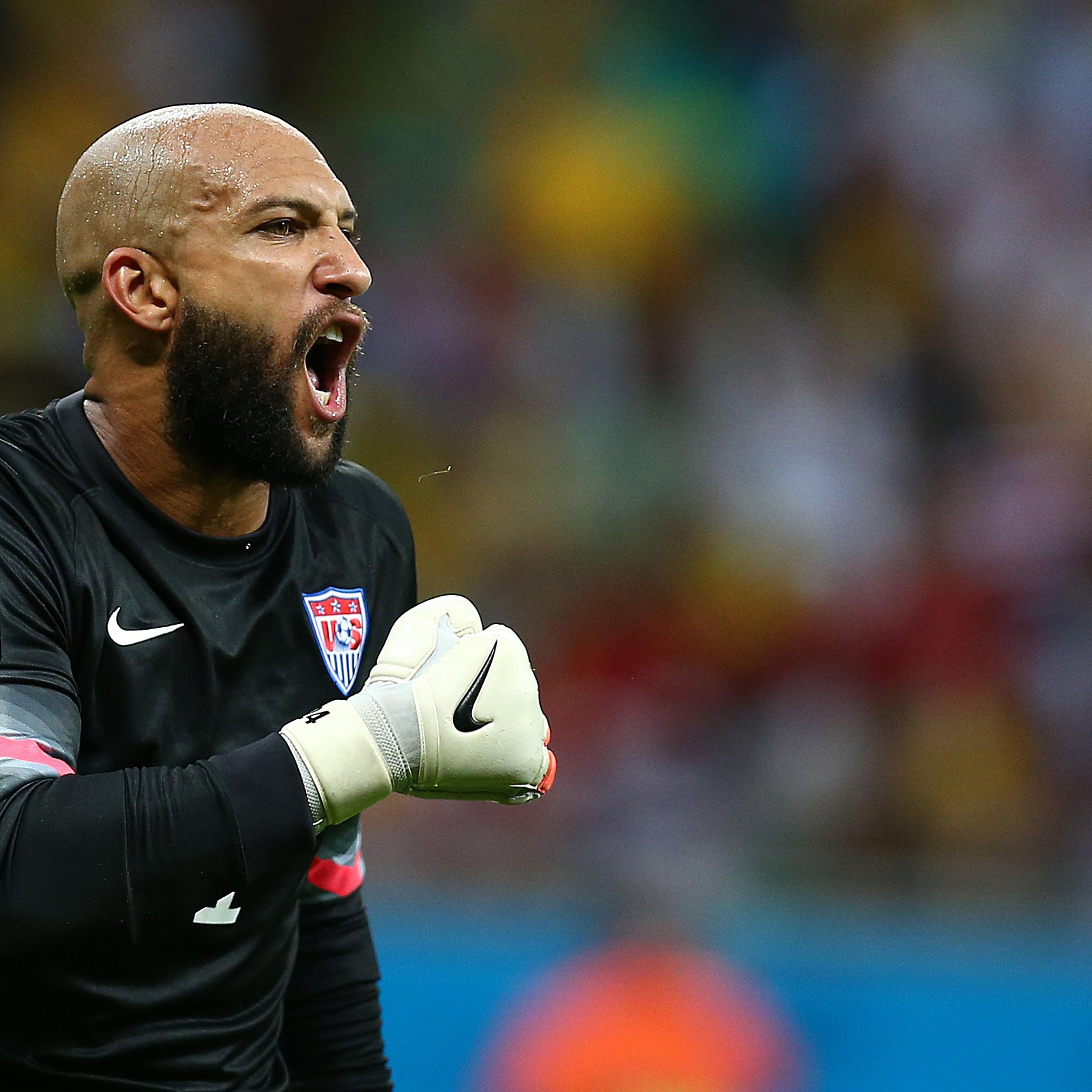 Tim Howard shouts during Belgium - USA game in Arena Fonte Nova, Salvador, Brazil, July 1.