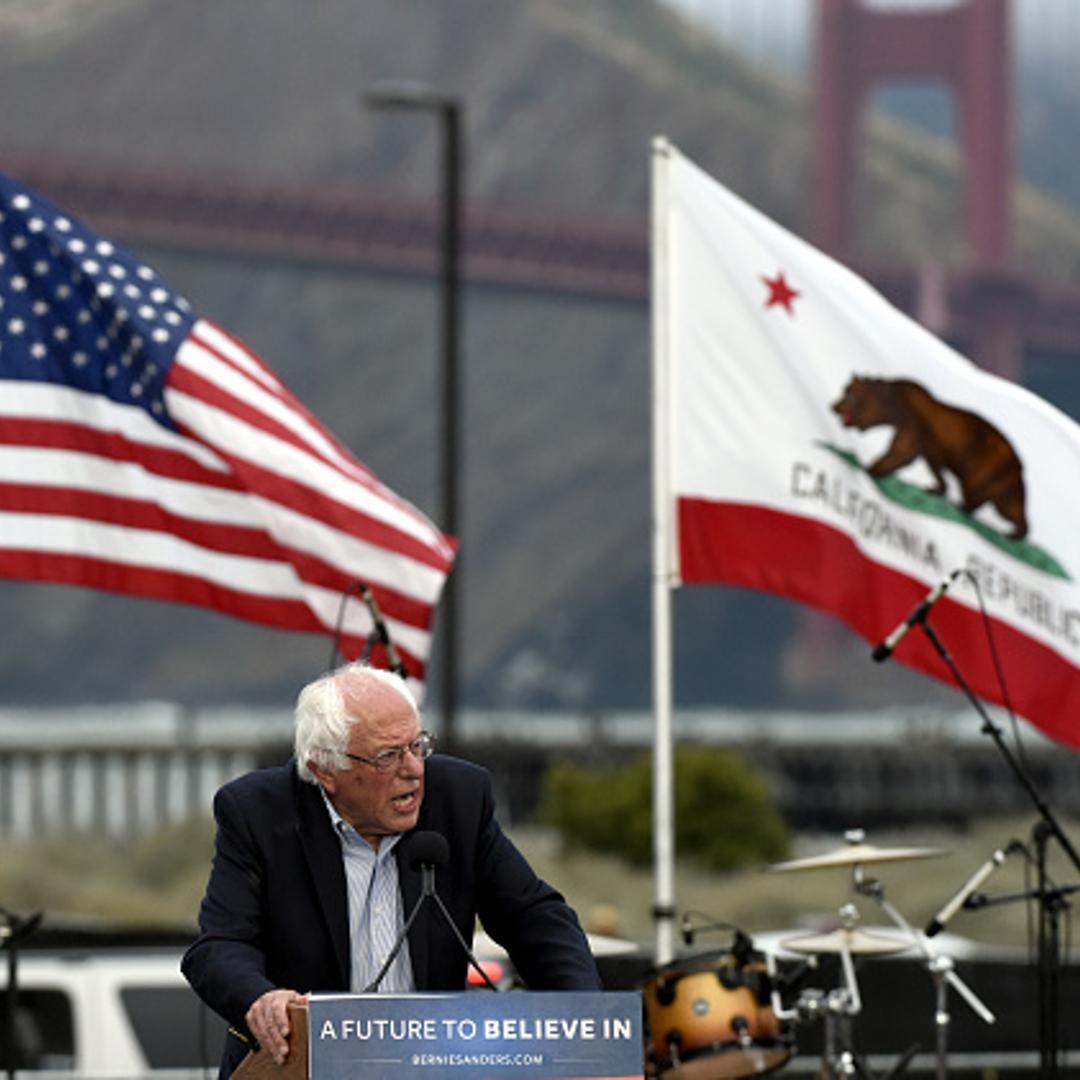 Bernie Sanders speaks at his A future to believe in San Francisco GOTV Concert at Crissy Field San Francisco on June 6, 2016 in San Francisco, California.