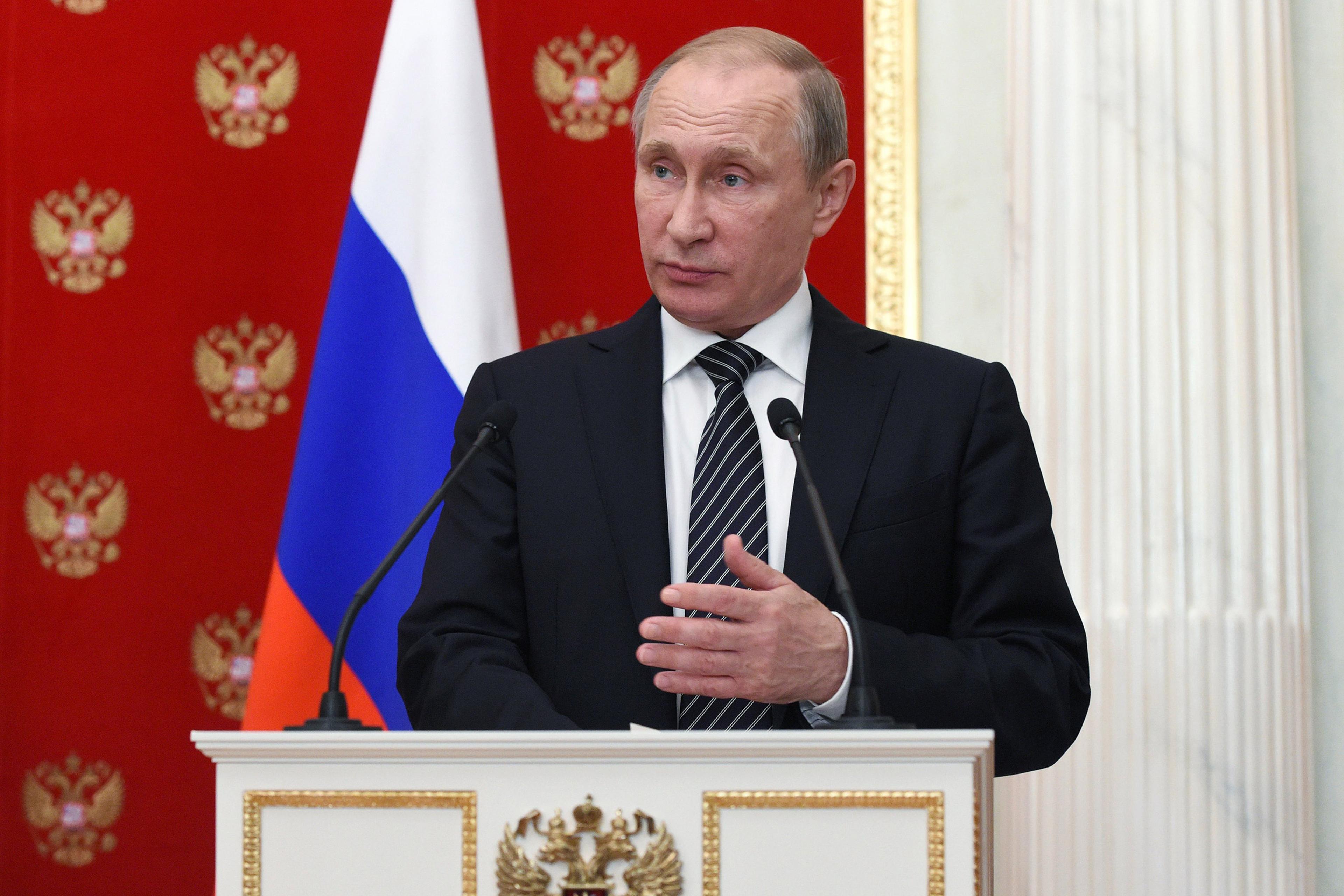 Russian President Vladimir Putin speaks during a news conference after a meeting with his Armenian counterpart Serzh Sarkisian at the Kremlin in Moscow on Aug. 10, 2016.