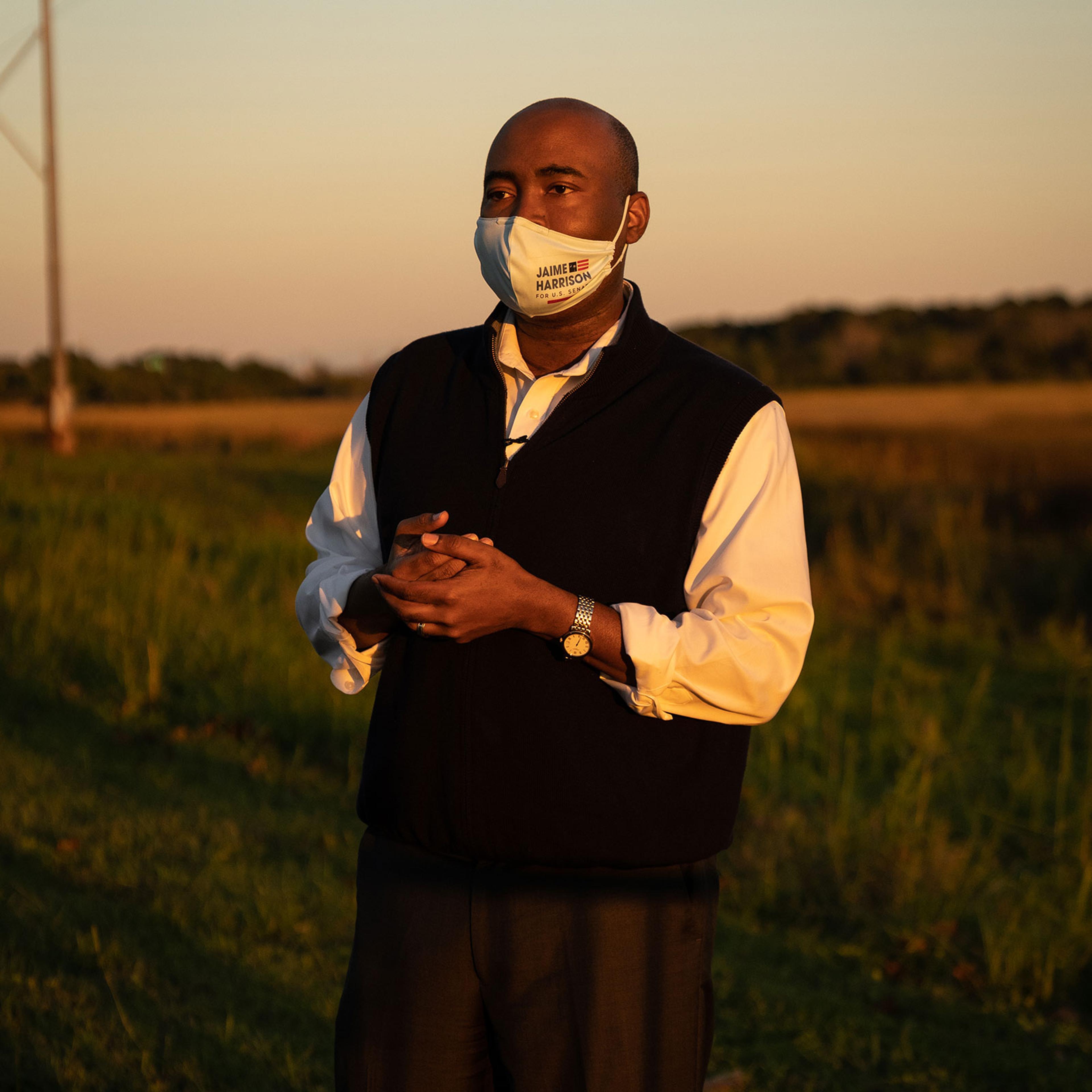 Democratic Senate candidate Jaime Harrison speaks to the media after a drive-in rally in North Charleston, S.C. on Oct. 17, 2020