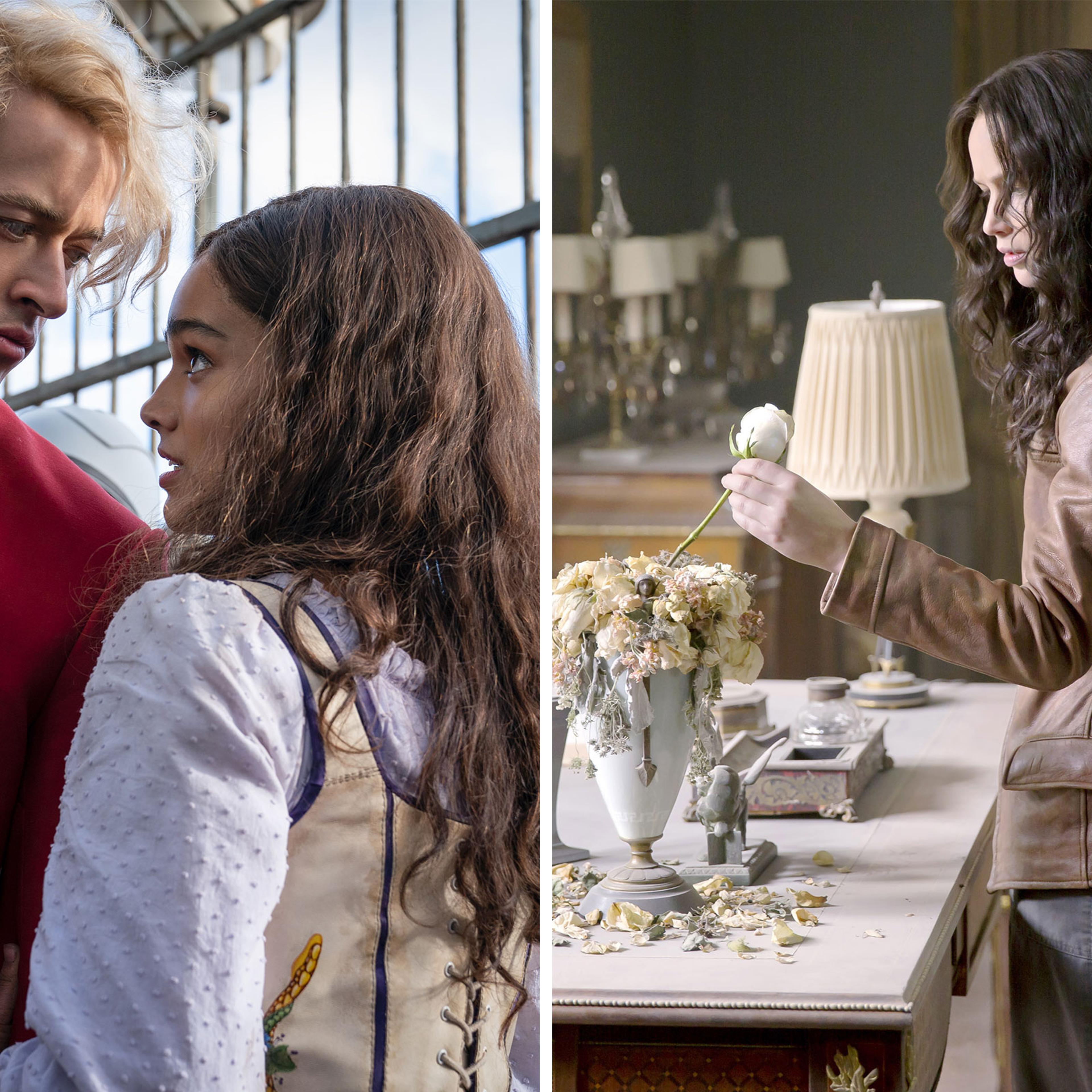 Tom Blyth as Coriolanus Snow and Rachel Zegler as Lucy Gray Baird in The Hunger Games: The Ballad of Songbirds & Snakes; Jennifer Lawrence as Katniss Everdeen in Hunger Games: Mockingjay Part I