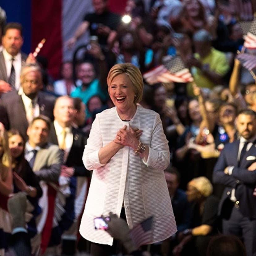 Democratic presidential candidate Hillary Clinton arrives onstage during a primary night rally at the Duggal Greenhouse in the Brooklyn Navy Yard, June 7, 2016 in the Brooklyn borough of New York City.