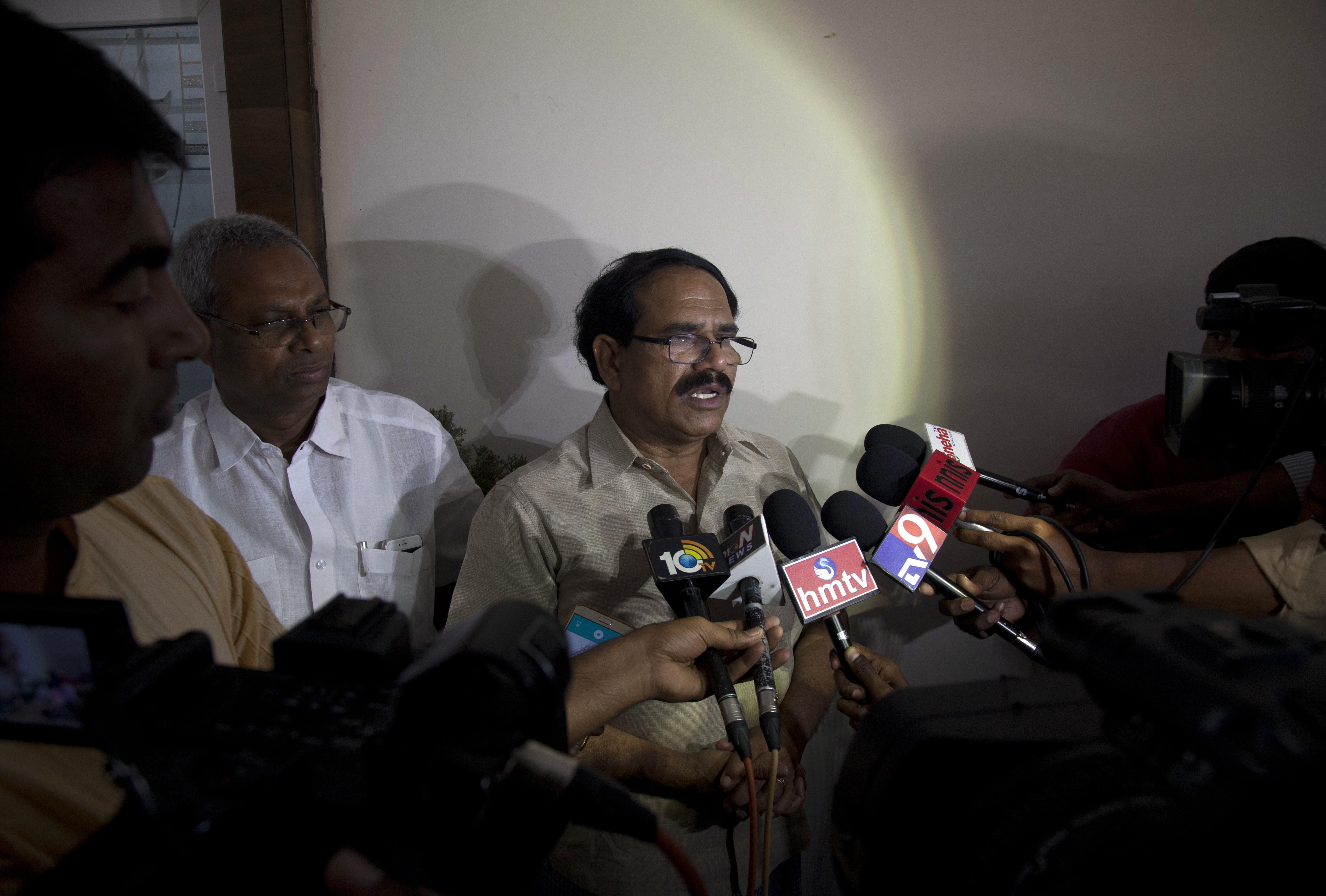 Jaganmohan Reddy, father of Alok Madasani, an engineer who was injured in the shooting Wednesday night in a crowded suburban Kansas City bar, speaks to the media at his residence in Hyderabad, India, on Feb. 24, 2017.