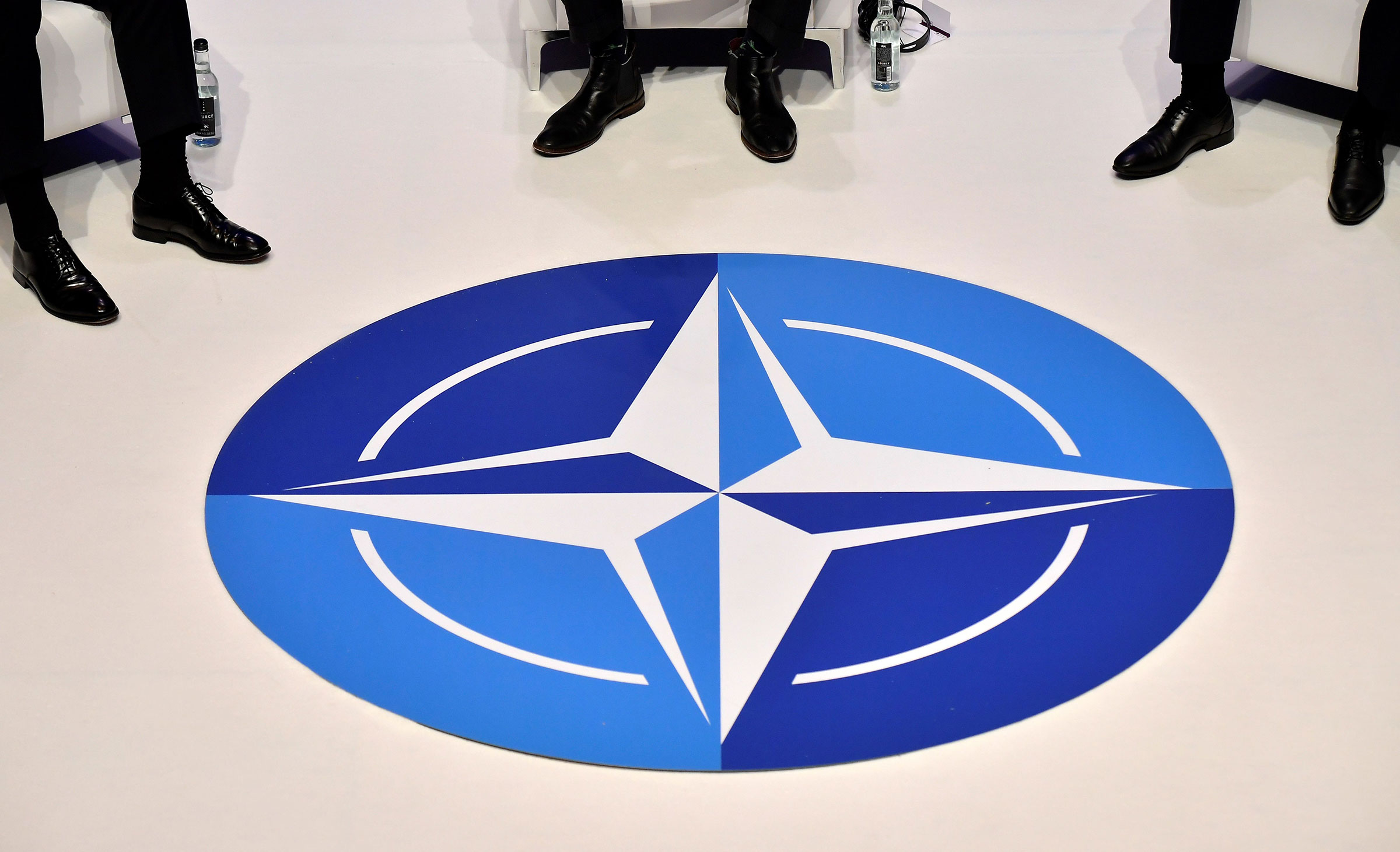 The NATO logo is pictured during a panel discussion prior to the NATO alliance summit in London, Dec. 3, 2019.