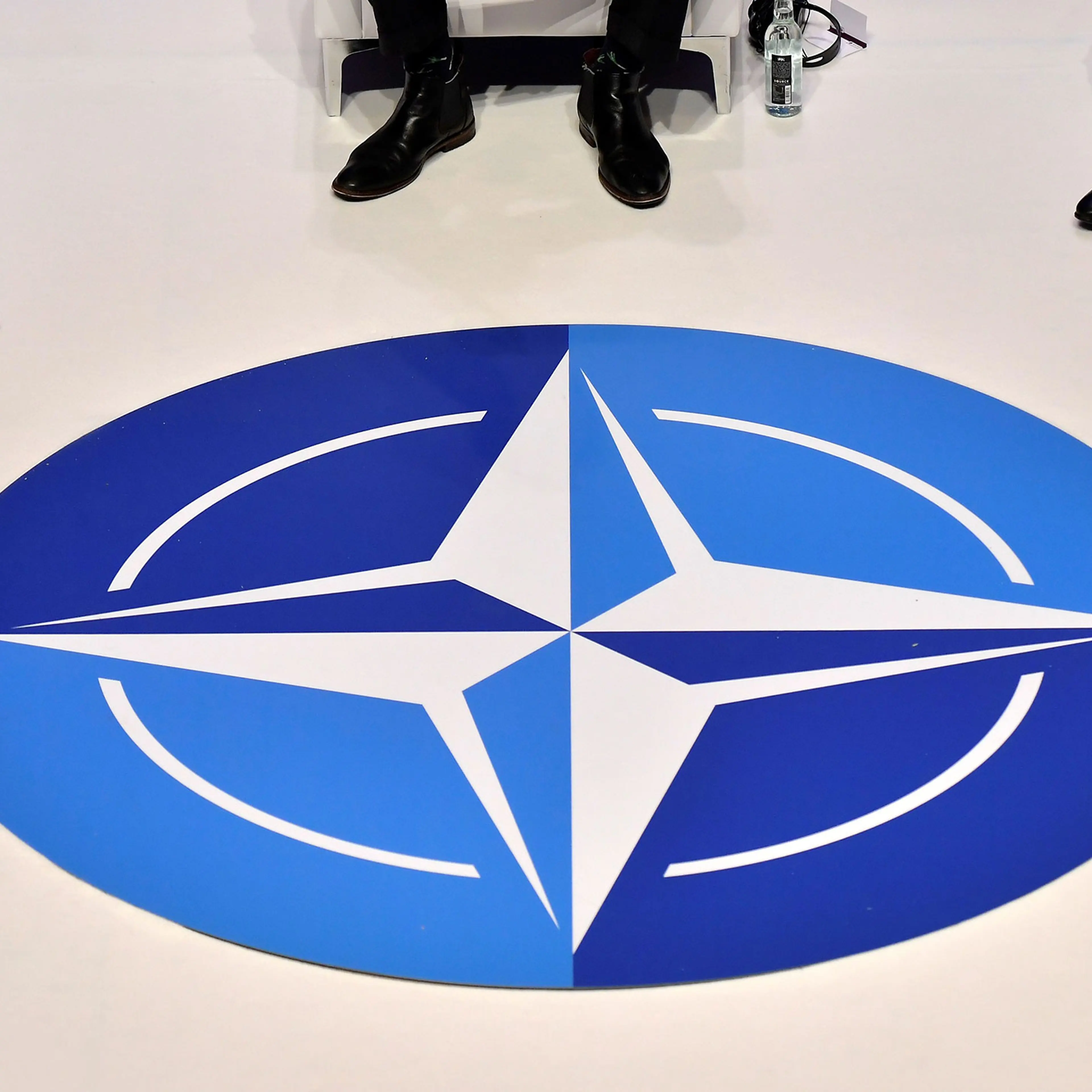 The NATO logo is pictured during a panel discussion prior to the NATO alliance summit in London, Dec. 3, 2019.