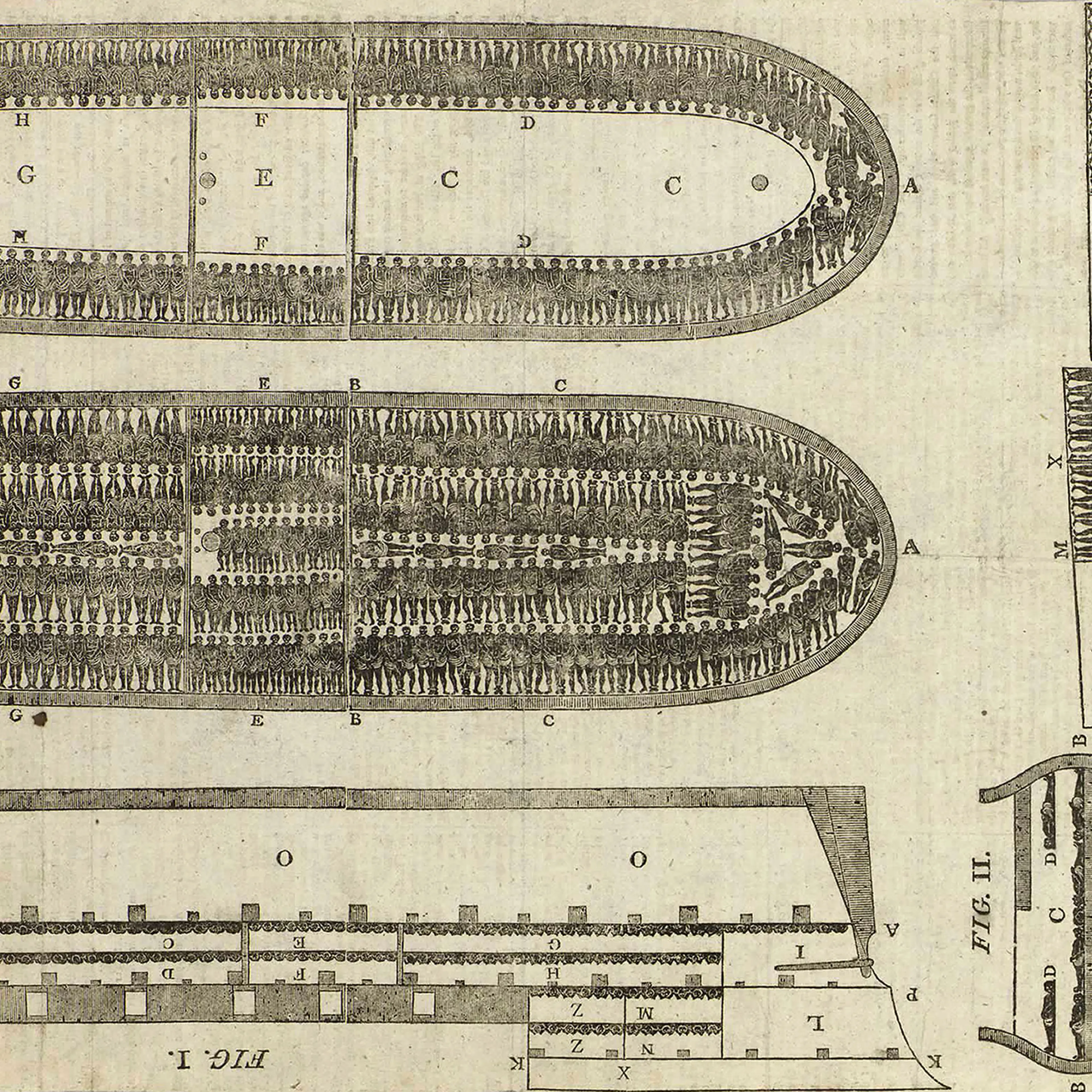 Engraving of the stowage plans of the slave ship Brooks, 1814.