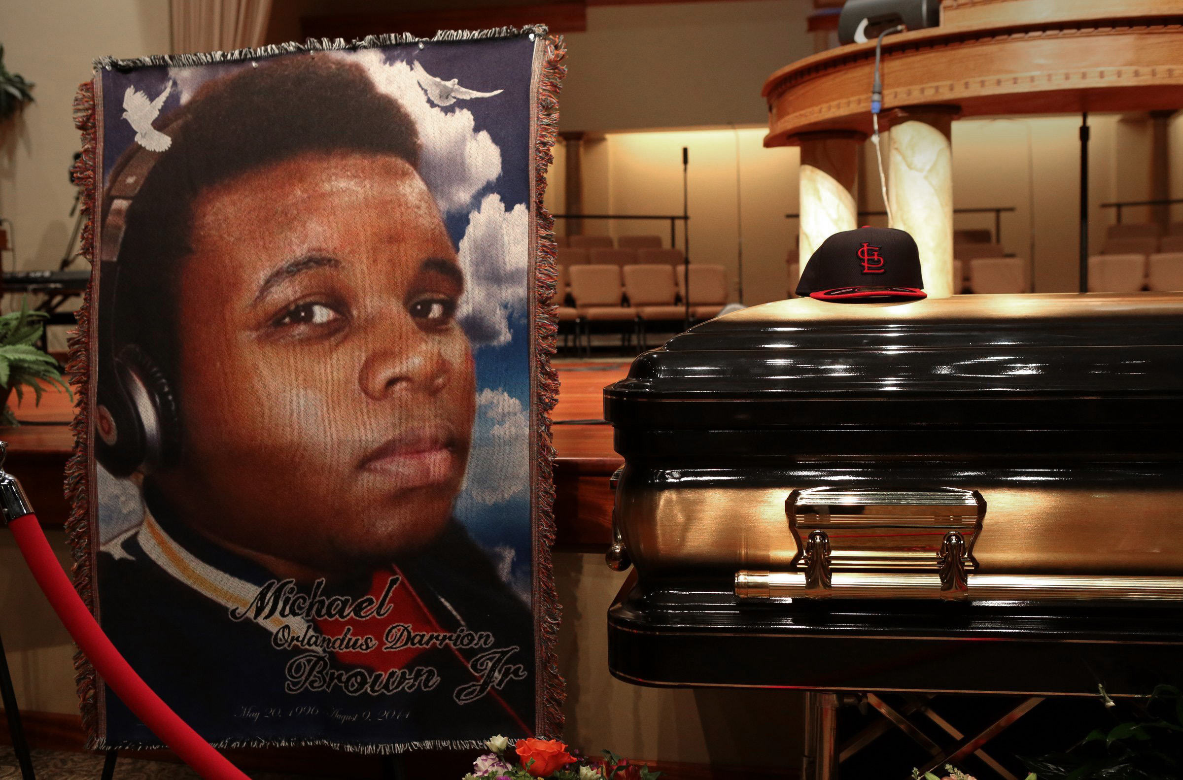 The casket of Michael Brown sits inside Friendly Temple Missionary Baptist Church awaiting the start of his funeral on August 25, 2014 in St. Louis Mo.