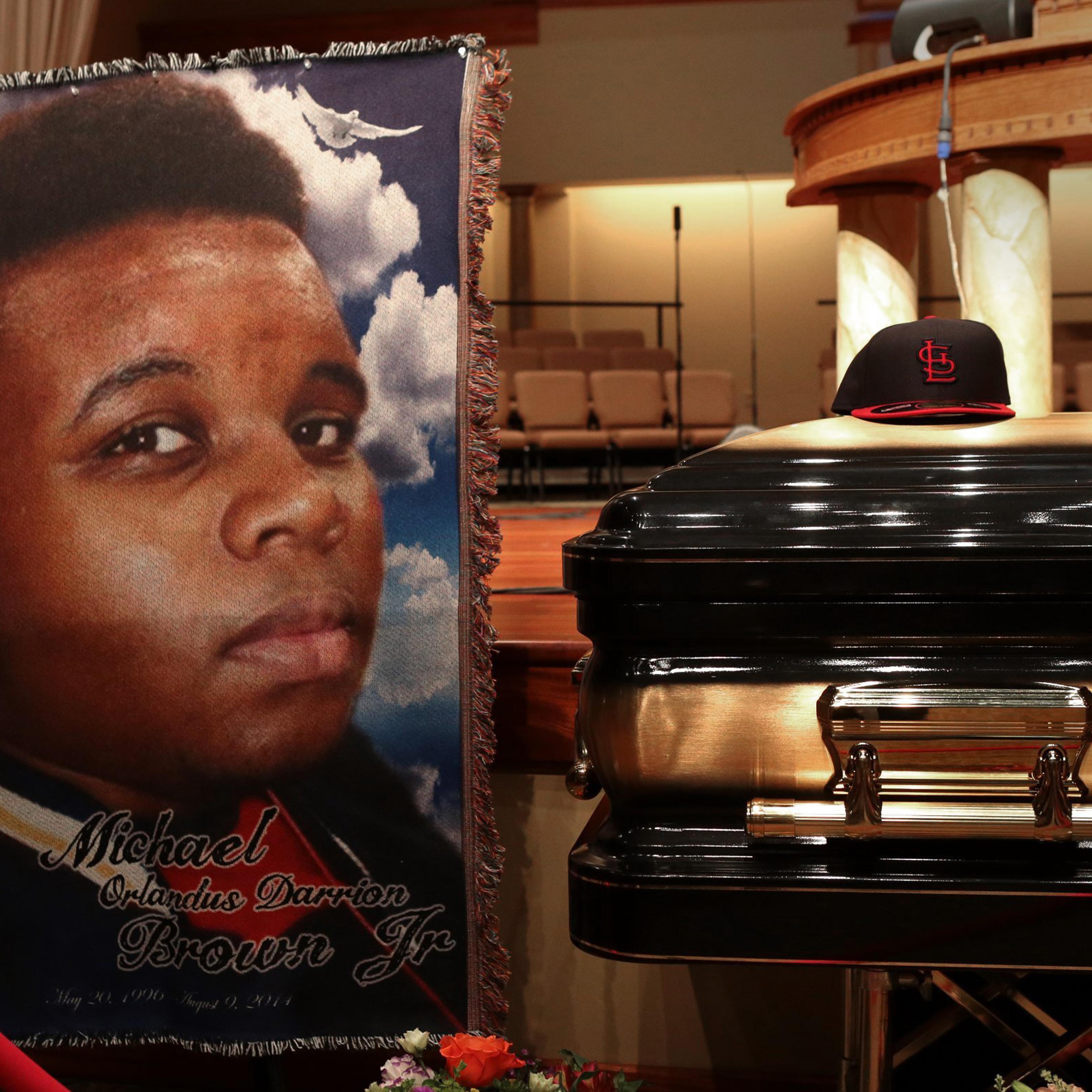 The casket of Michael Brown sits inside Friendly Temple Missionary Baptist Church awaiting the start of his funeral on August 25, 2014 in St. Louis Mo.