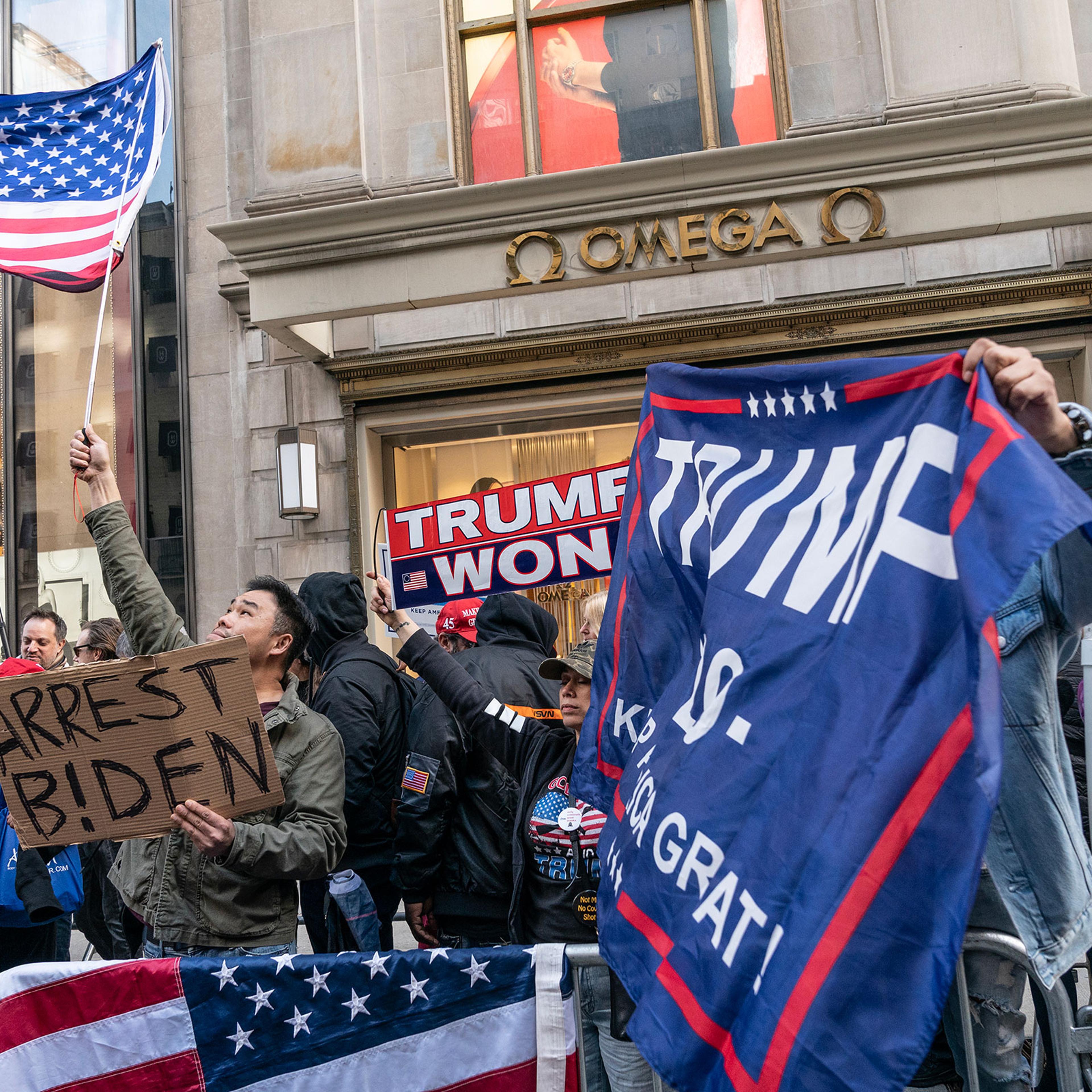 Supporters of Former President Donald Trump rally at Trump Tower in New York.