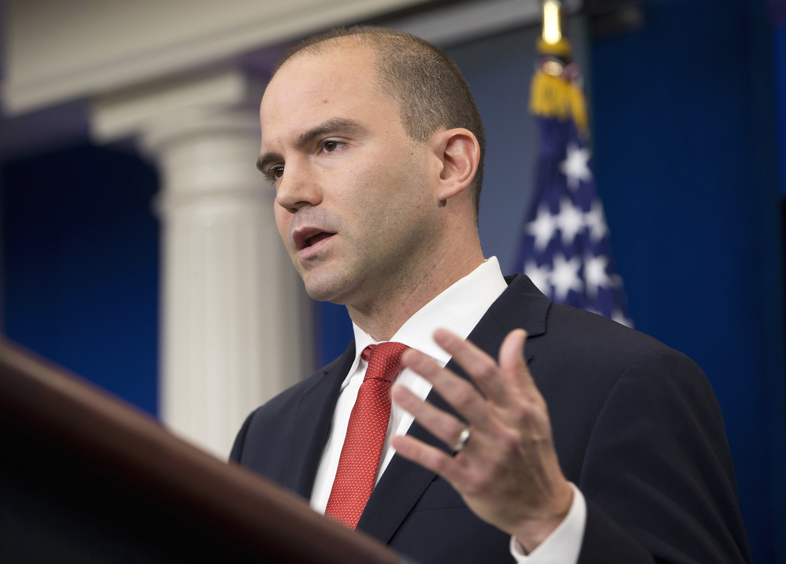 FILE - In this Feb. 16, 2016 file photo Deputy National Security Adviser For Strategic Communications Ben Rhodes speaks in the Brady Press Briefing Room of the White House in Washington. The White House is working to contain the damage caused by a magazi
