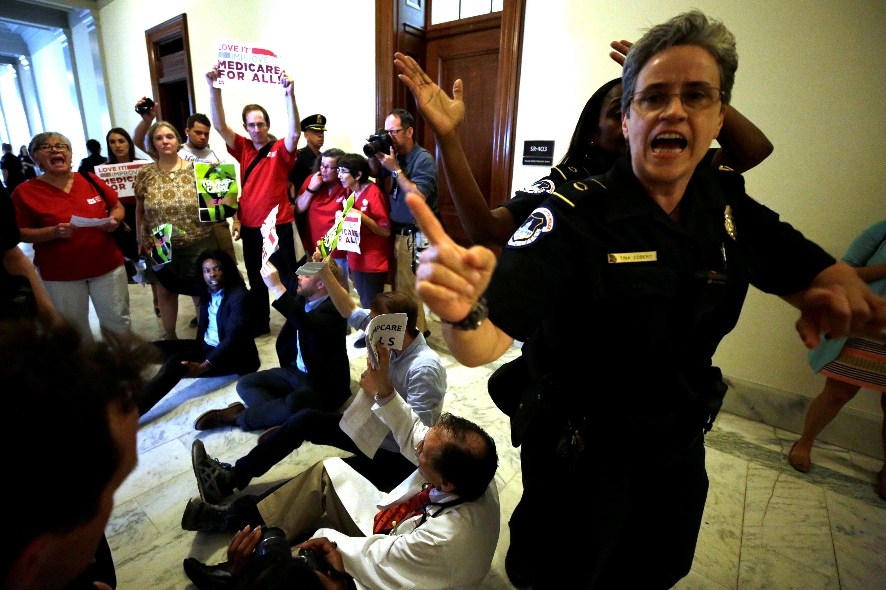 Healthcare activists protest to stop the Republican health care bill at Russell Senate Office Building in Washington