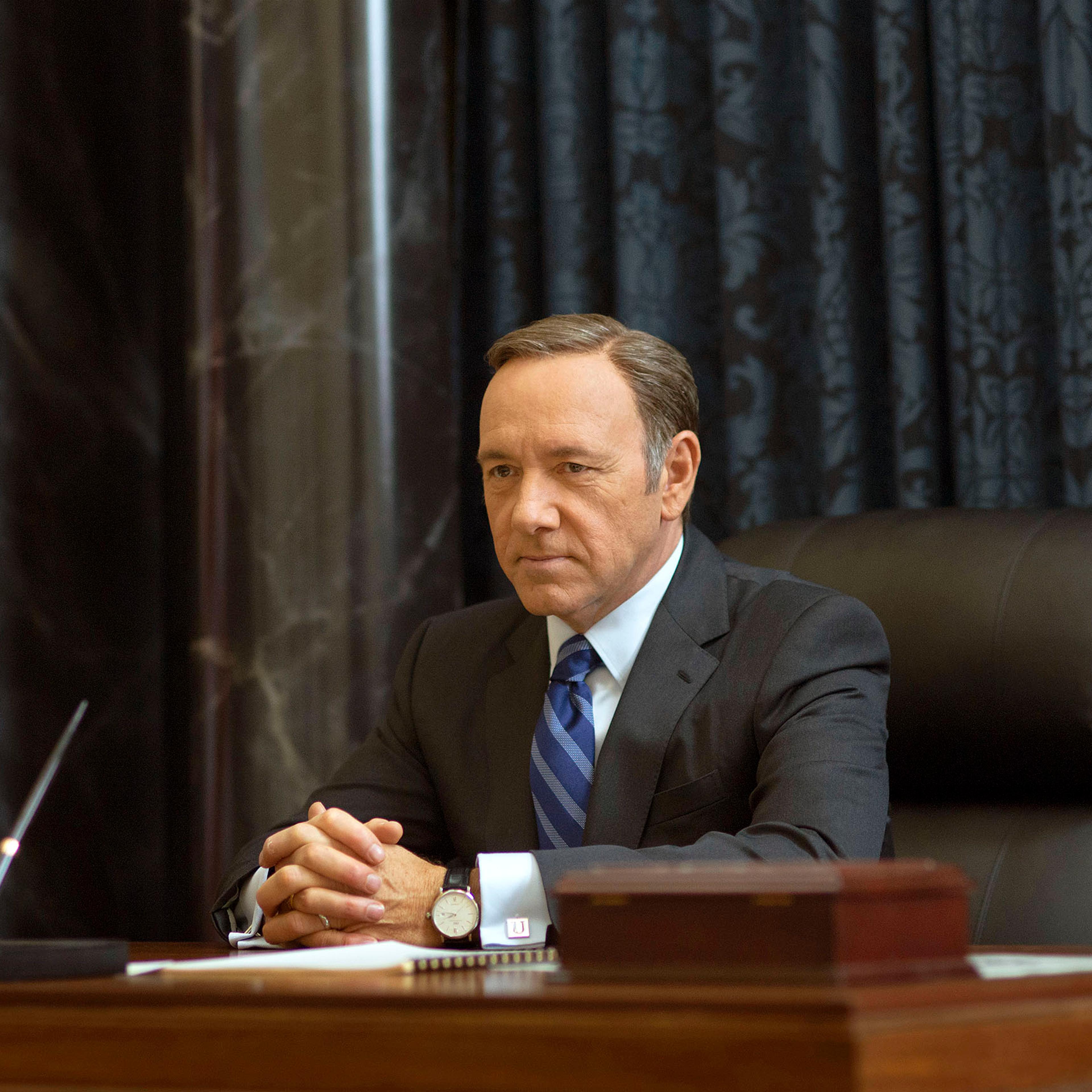 This image released by Netflix shows Kevin Spacey as Francis Underwood in a scene from "House of Cards." Frank Underwood