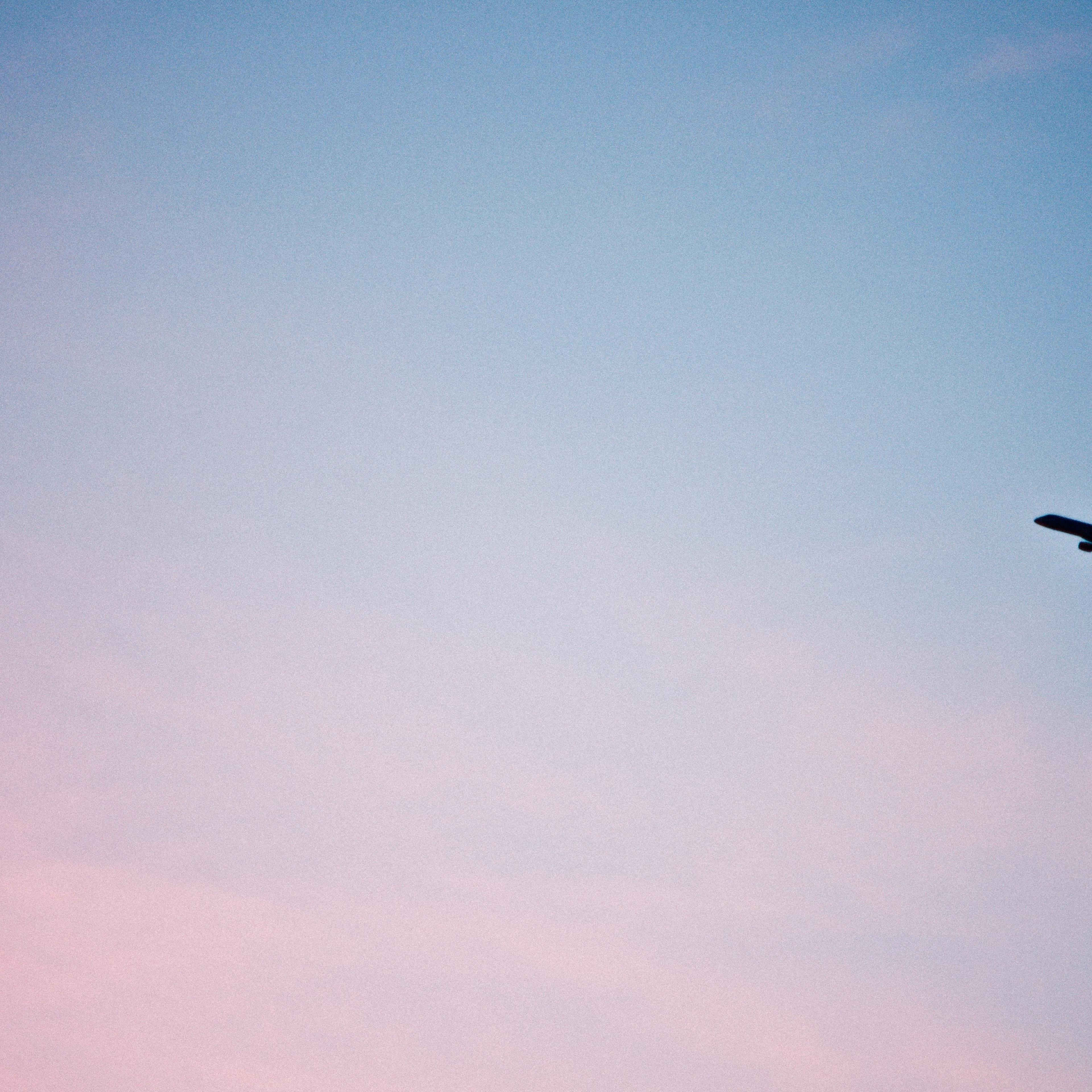 Low Angle View Of Airplane Flying In Sky At Sunset