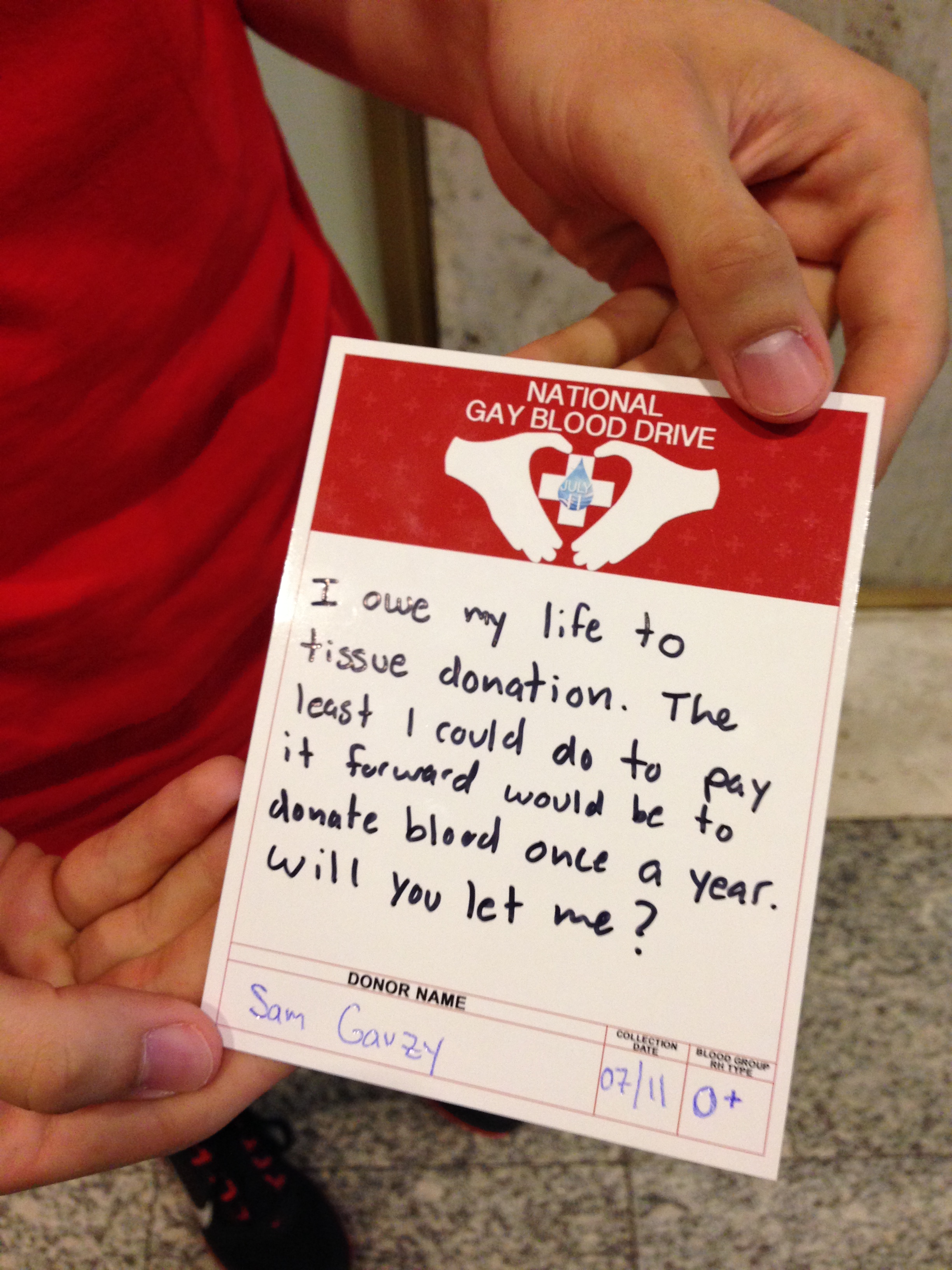 Sam Gavsky cannot donate blood due to an FDA ban that prohibits gay and bisexual men from donating.