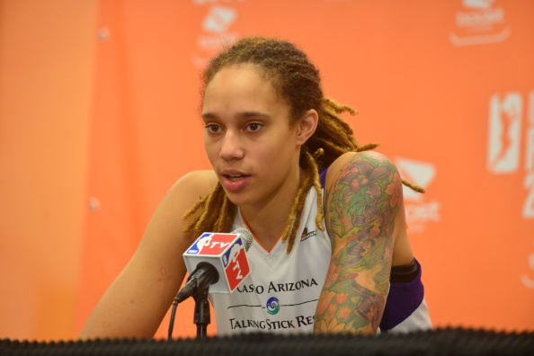 Brittney Griner of the Phoenix Mercury speaks with the media in Phoenix on Sep. 7, 2014.