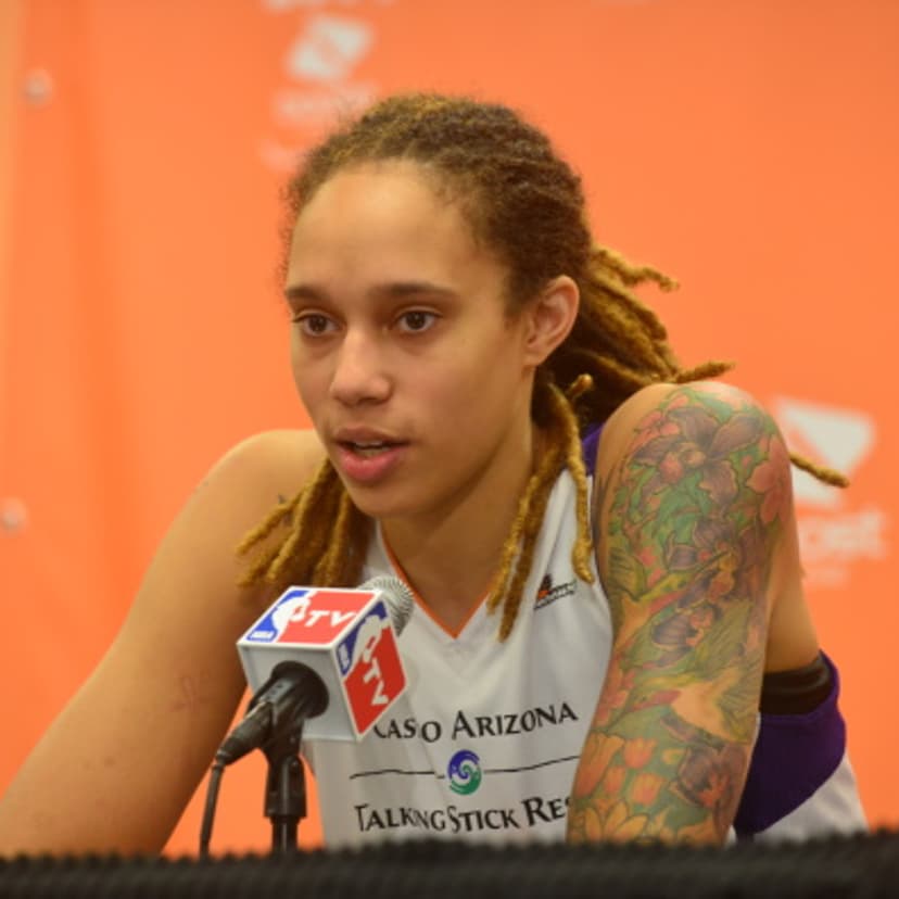 Brittney Griner of the Phoenix Mercury speaks with the media in Phoenix on Sep. 7, 2014.