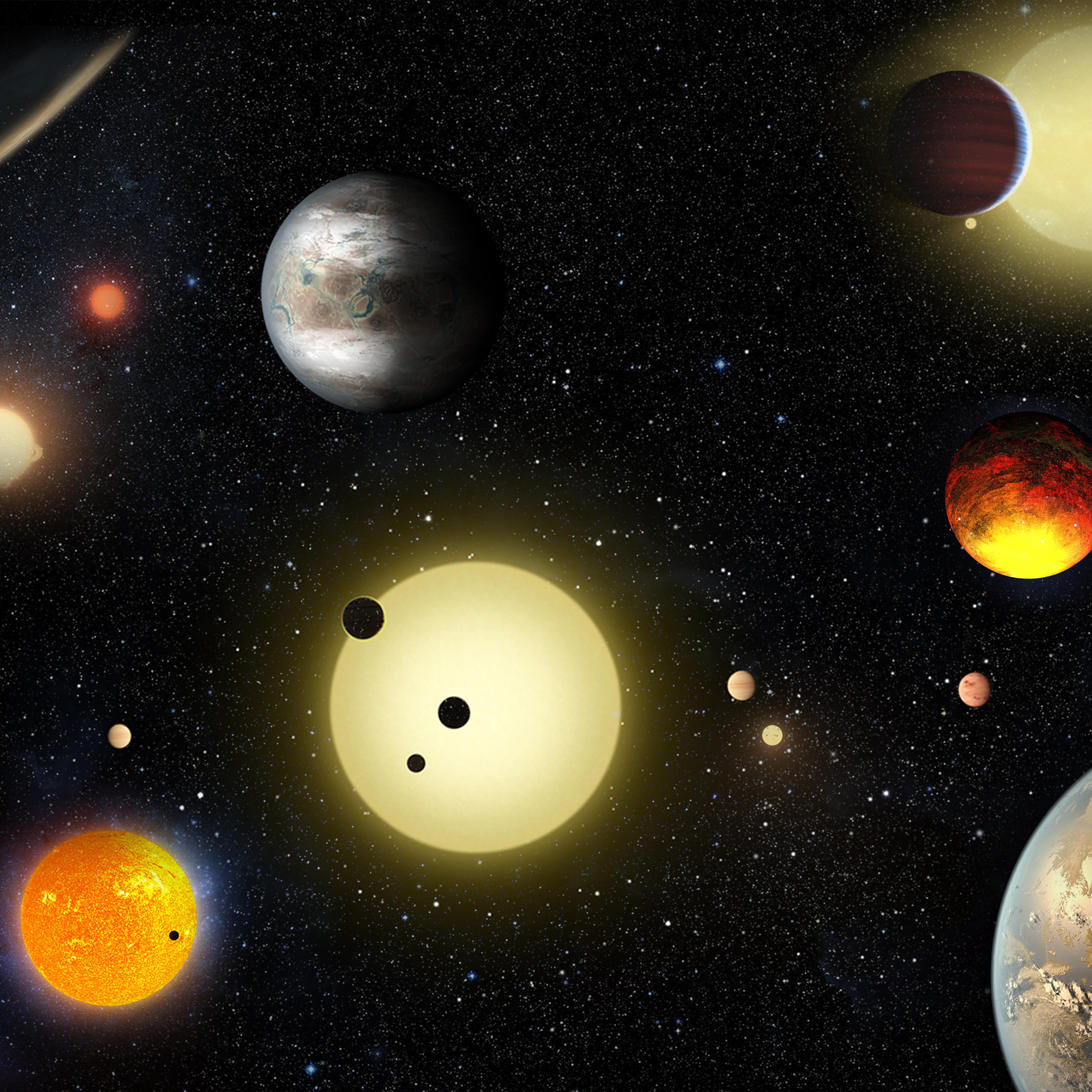 Artist's concept depicting select planetary discoveries made to date by NASA's Kepler space telescope.