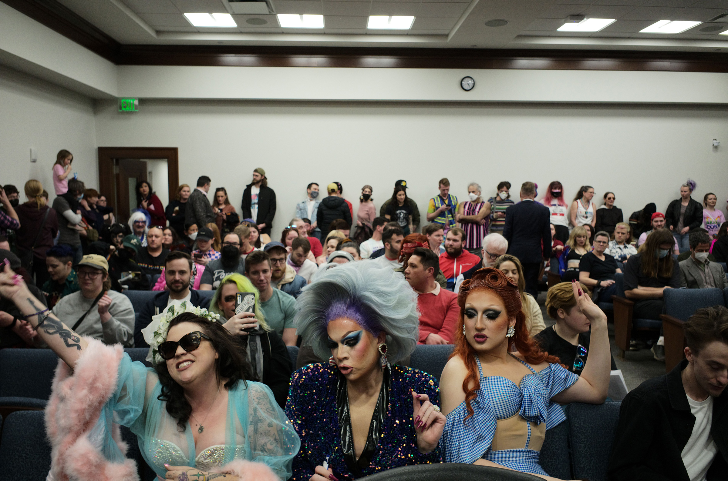 LGBTQ activists and supporters before a committee hearing on HB9, a Tennessee bill that restricts drag performance, on Feb. 14, 2023.