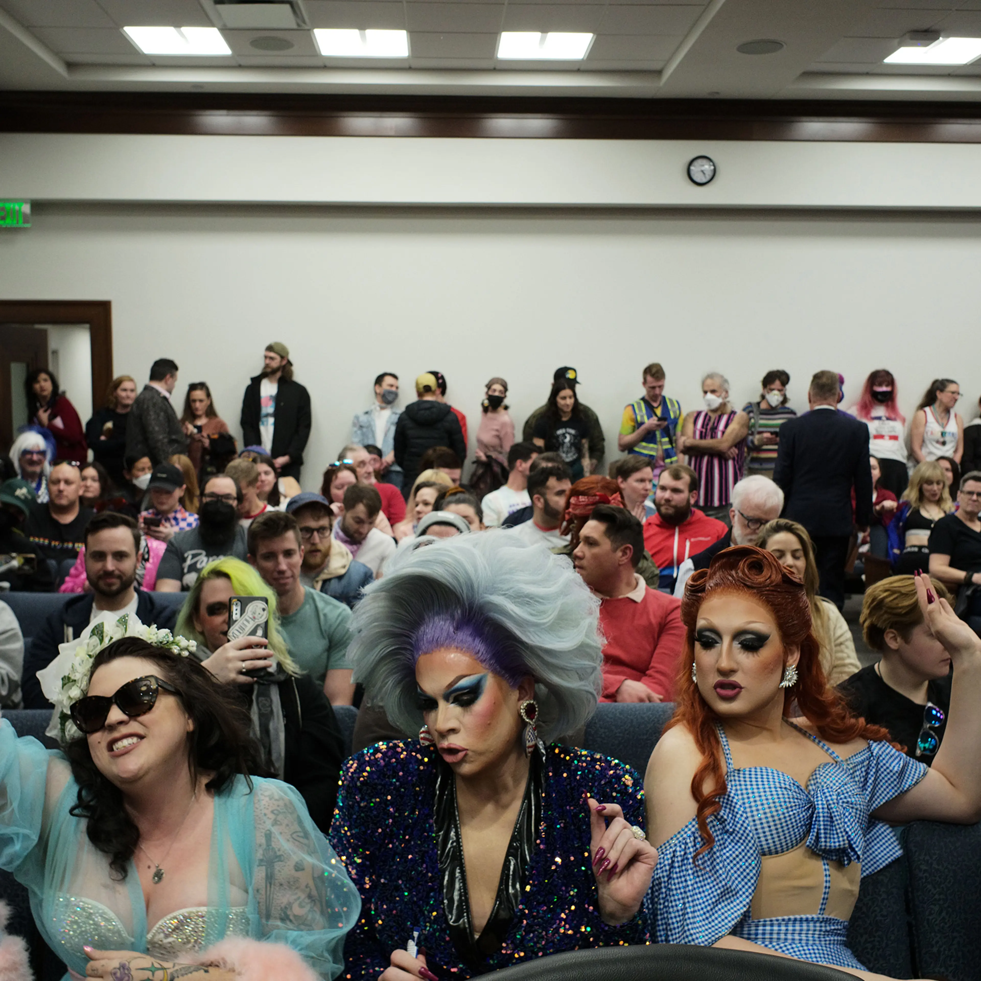 LGBTQ activists and supporters before a committee hearing on HB9, a Tennessee bill that restricts drag performance, on Feb. 14, 2023.