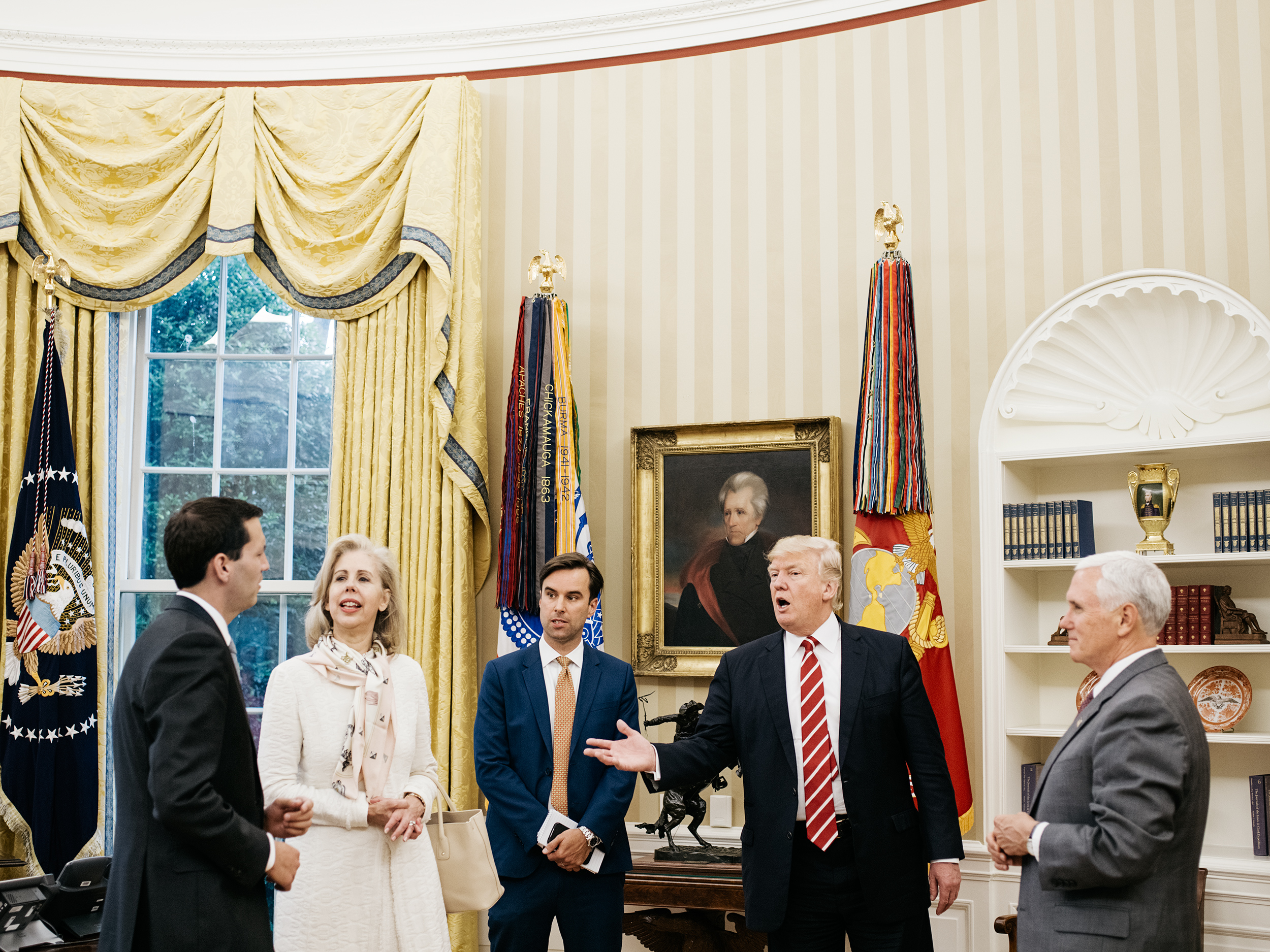 Left to right: TIME correspondent Zeke Miller, Managing Editor Nancy Gibbs and Washington Bureau Chief Michael Scherer visit President Trump and Vice President Mike Pence in the Oval Office on May 8, 2017.