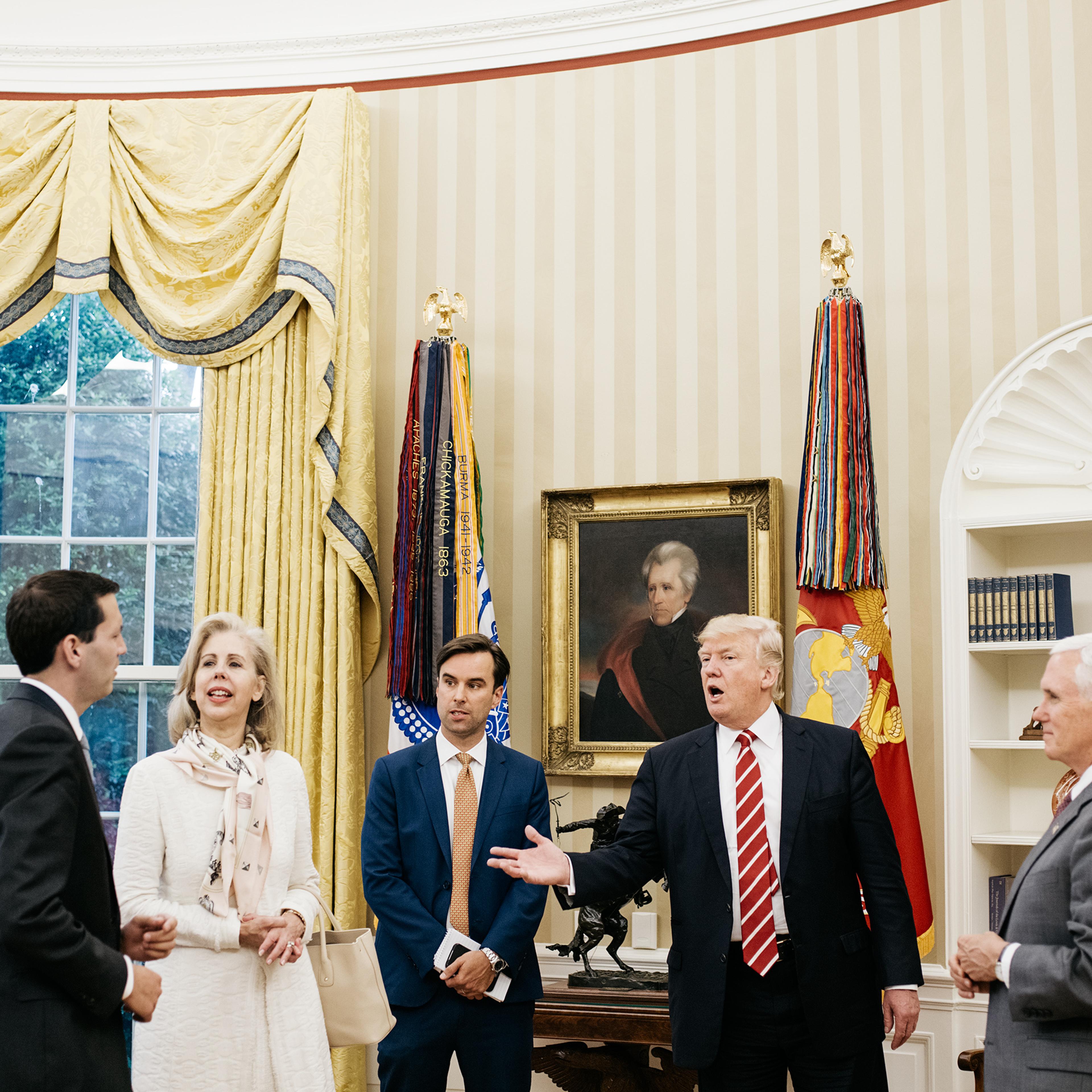 Left to right: TIME correspondent Zeke Miller, Managing Editor Nancy Gibbs and Washington Bureau Chief Michael Scherer visit President Trump and Vice President Mike Pence in the Oval Office on May 8, 2017.