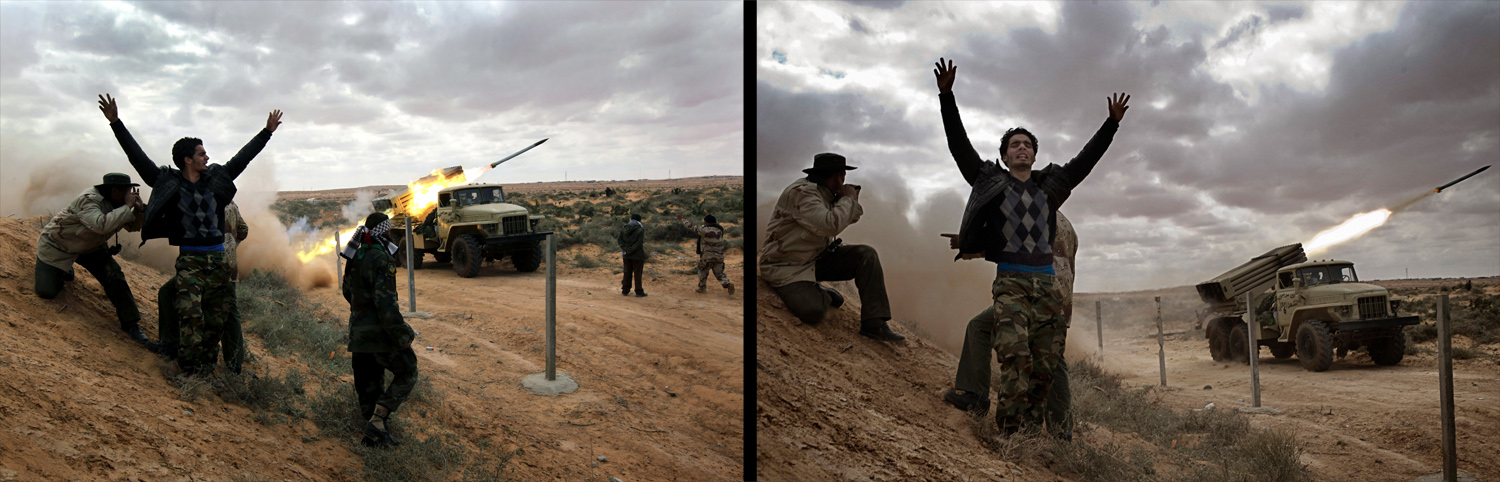 March 9, 2011. Libyan rebels fire rockets at government troops on the front line near Ras Lanuf, Libya. The rebels pushed back government troops loyal to Libyan leader Muammar Gaddafi towards Ben Jawat.