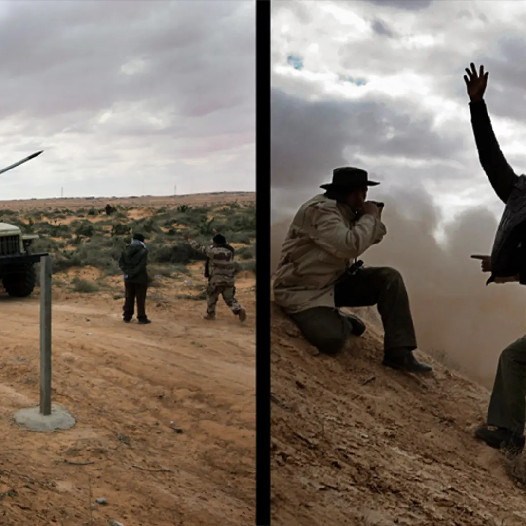 March 9, 2011. Libyan rebels fire rockets at government troops on the front line near Ras Lanuf, Libya. The rebels pushed back government troops loyal to Libyan leader Muammar Gaddafi towards Ben Jawat.