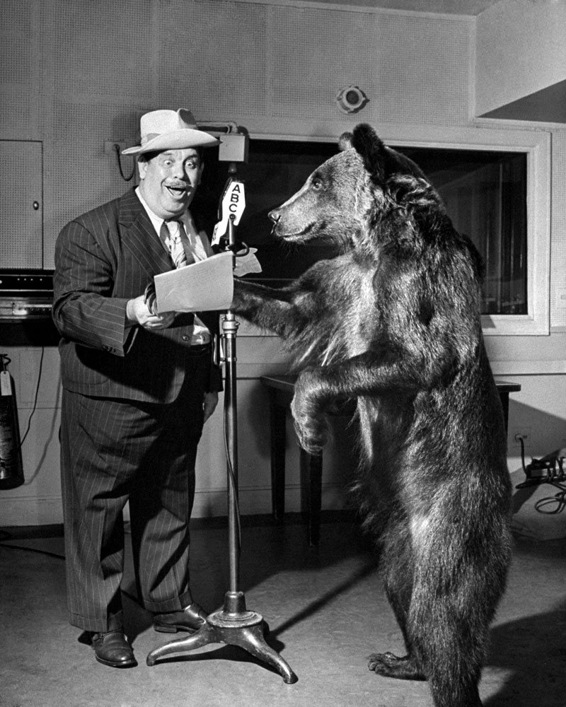 Rosie the bear rehearses with comedian Lew Lehr -- known for his catchphrase, "Monkeys is the cwaziest people" -- New York, 1946.