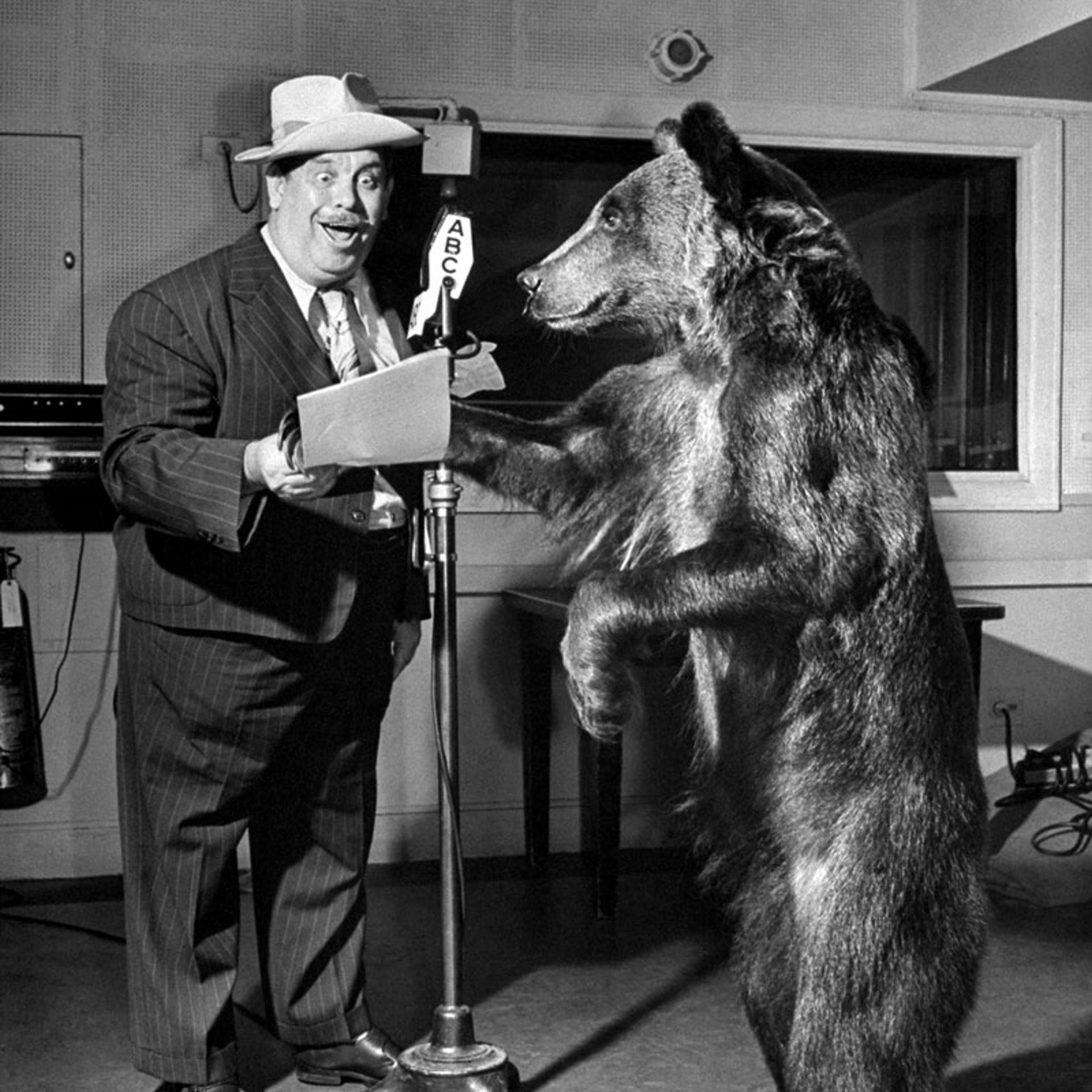 Rosie the bear rehearses with comedian Lew Lehr -- known for his catchphrase, "Monkeys is the cwaziest people" -- New York, 1946.