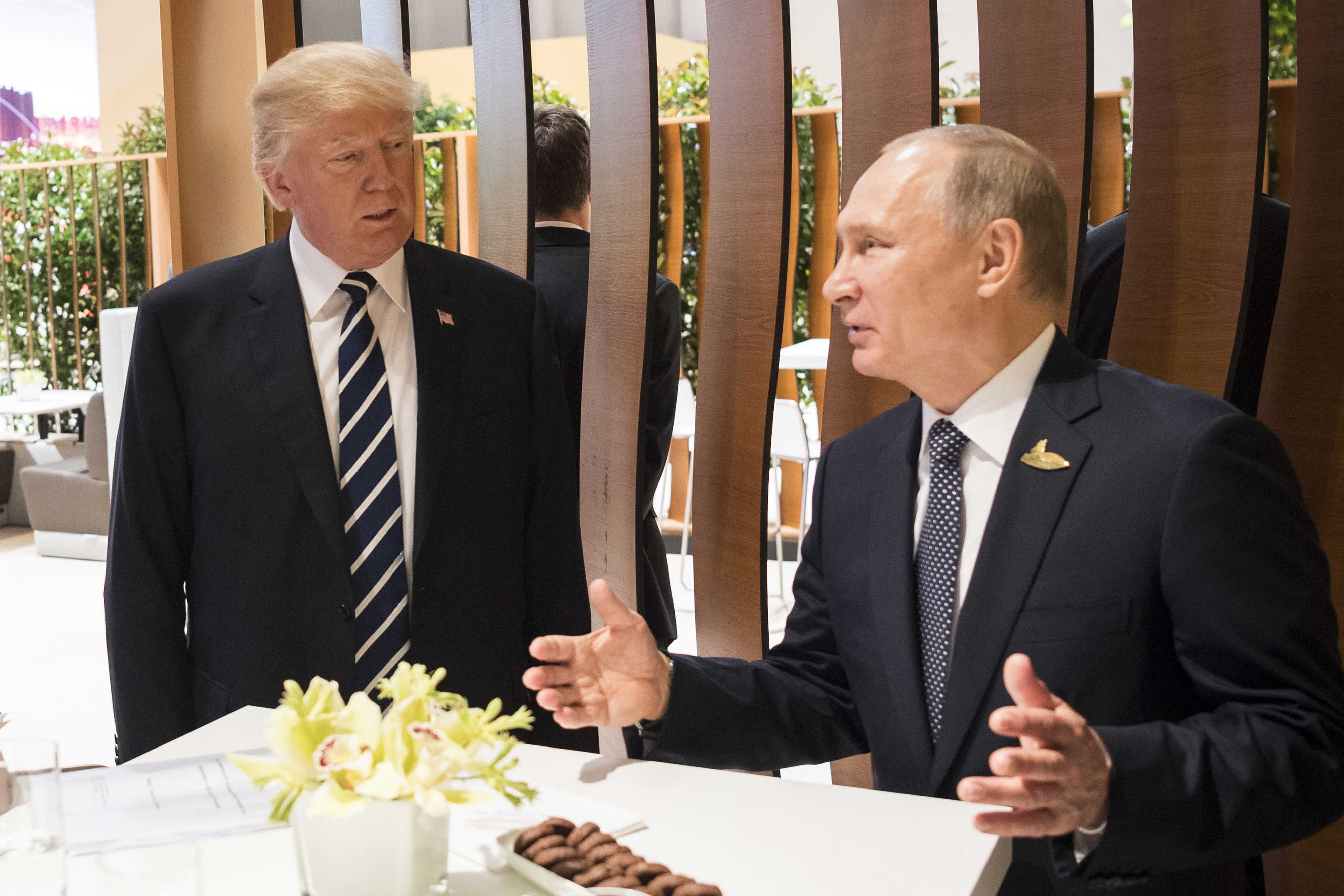 President Donald Trump meets Russian President Vladimir Putin during the G20 Summit on July 7, 2017 in Hamburg.