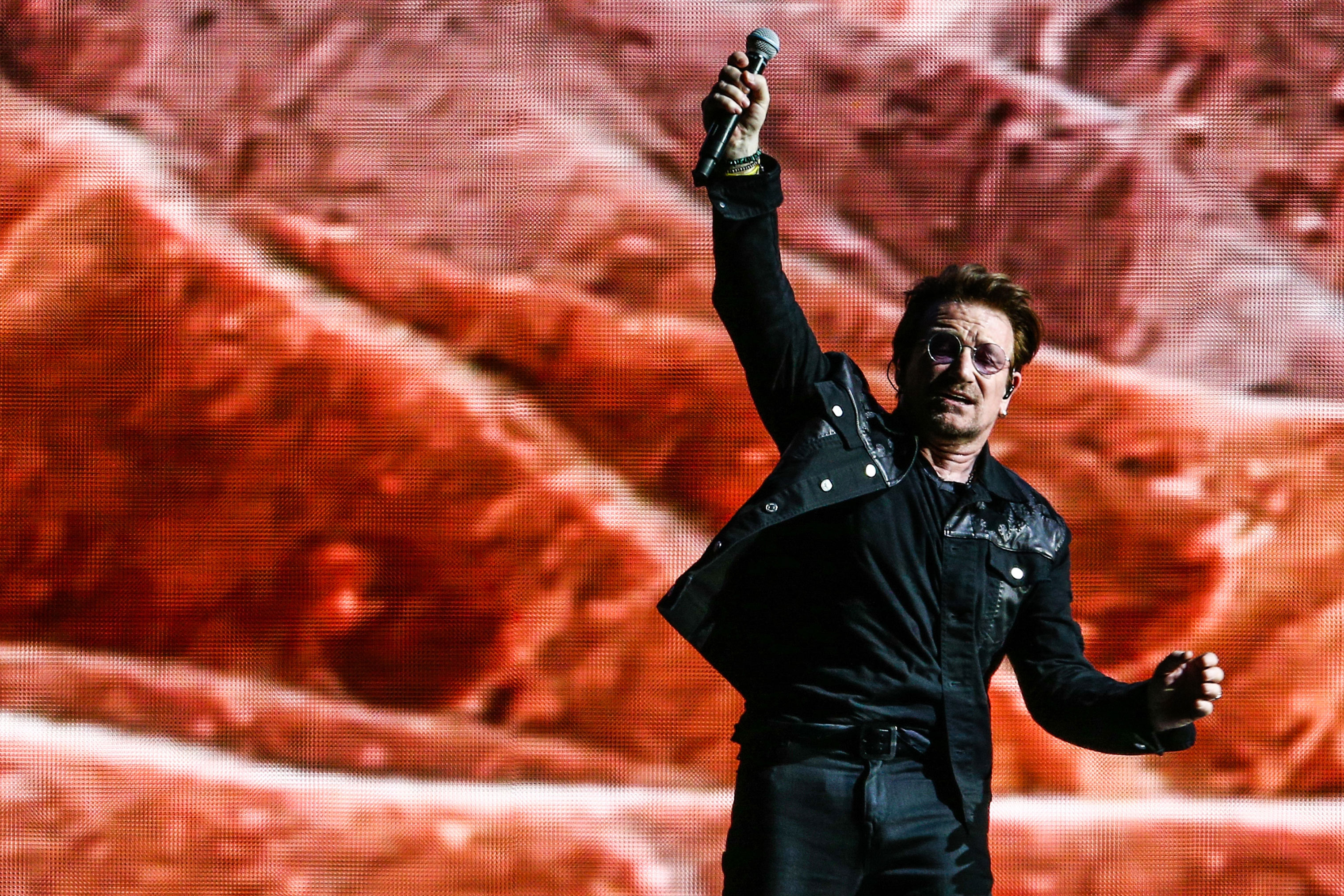Bono of U2 performs onstage at the Rose Bowl on May 20, 2017 in Pasadena, California.