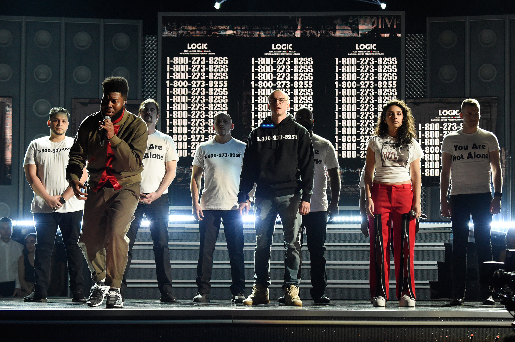 Khalid, Logic and Alessia Cara perform at the 2018 Grammys