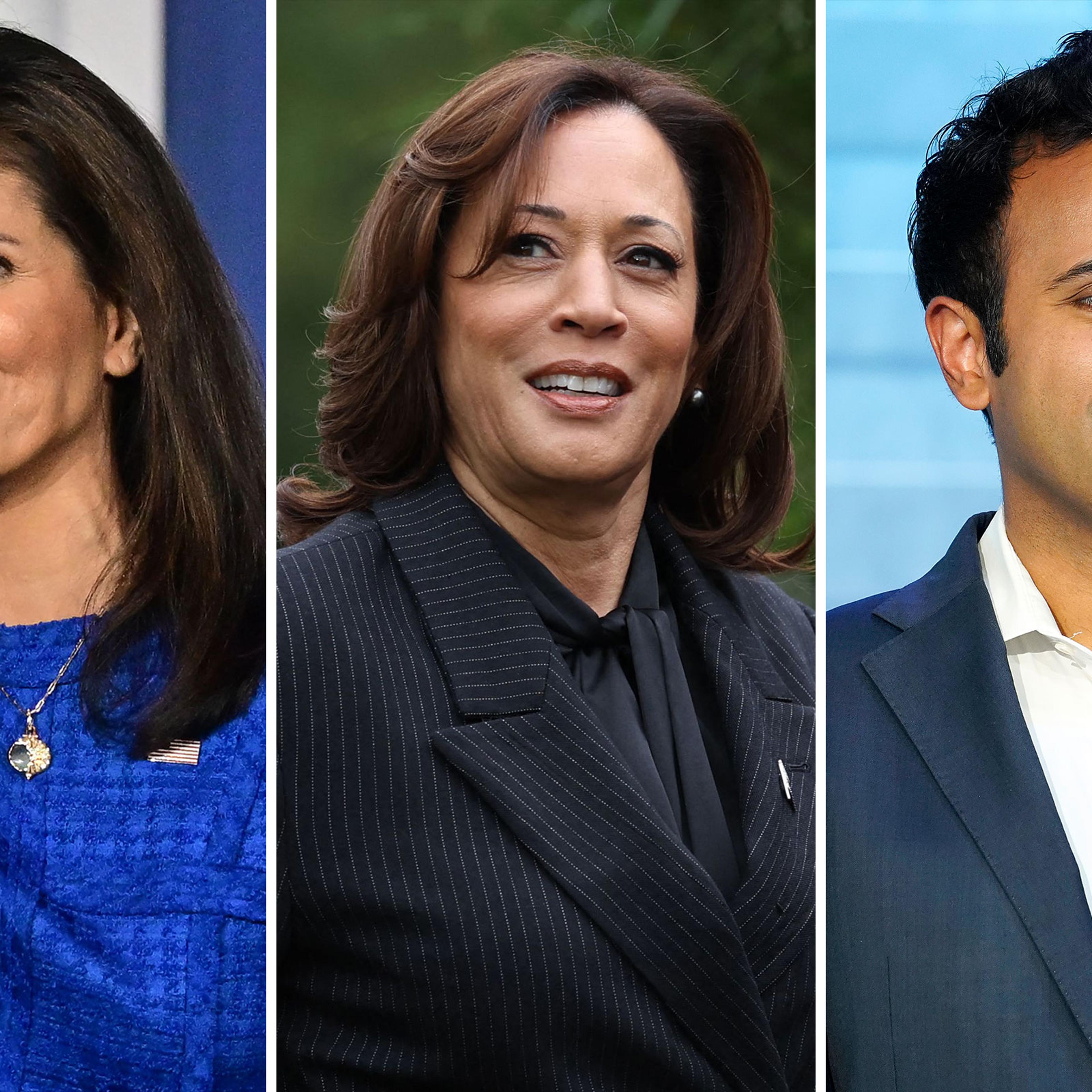 A split image of Republican presidential candidate Nikki Haley; Vice President Kamala Harris; Republican Presidential candidate Vivek Ramaswamy