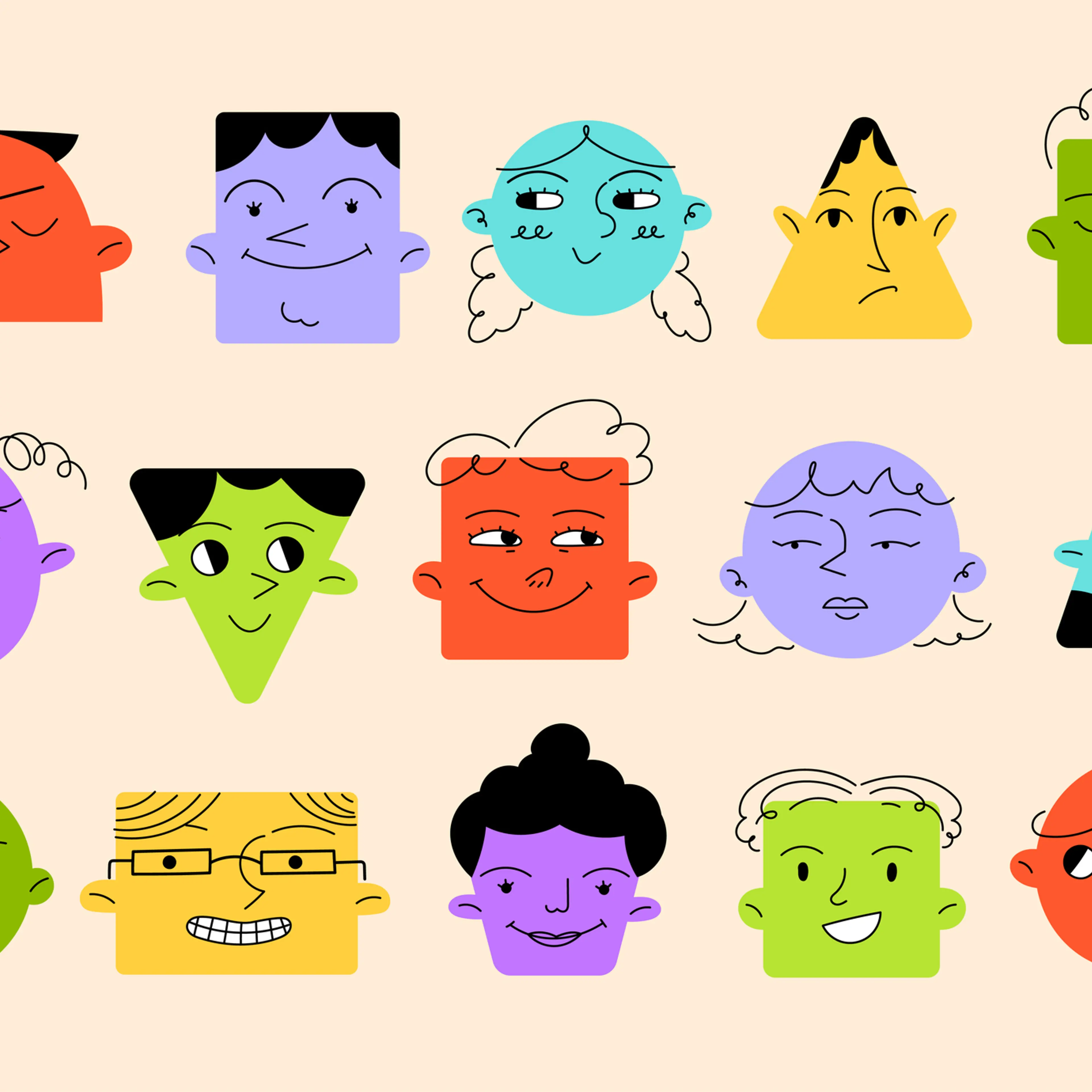 Different emotions and faces in geometric shapes