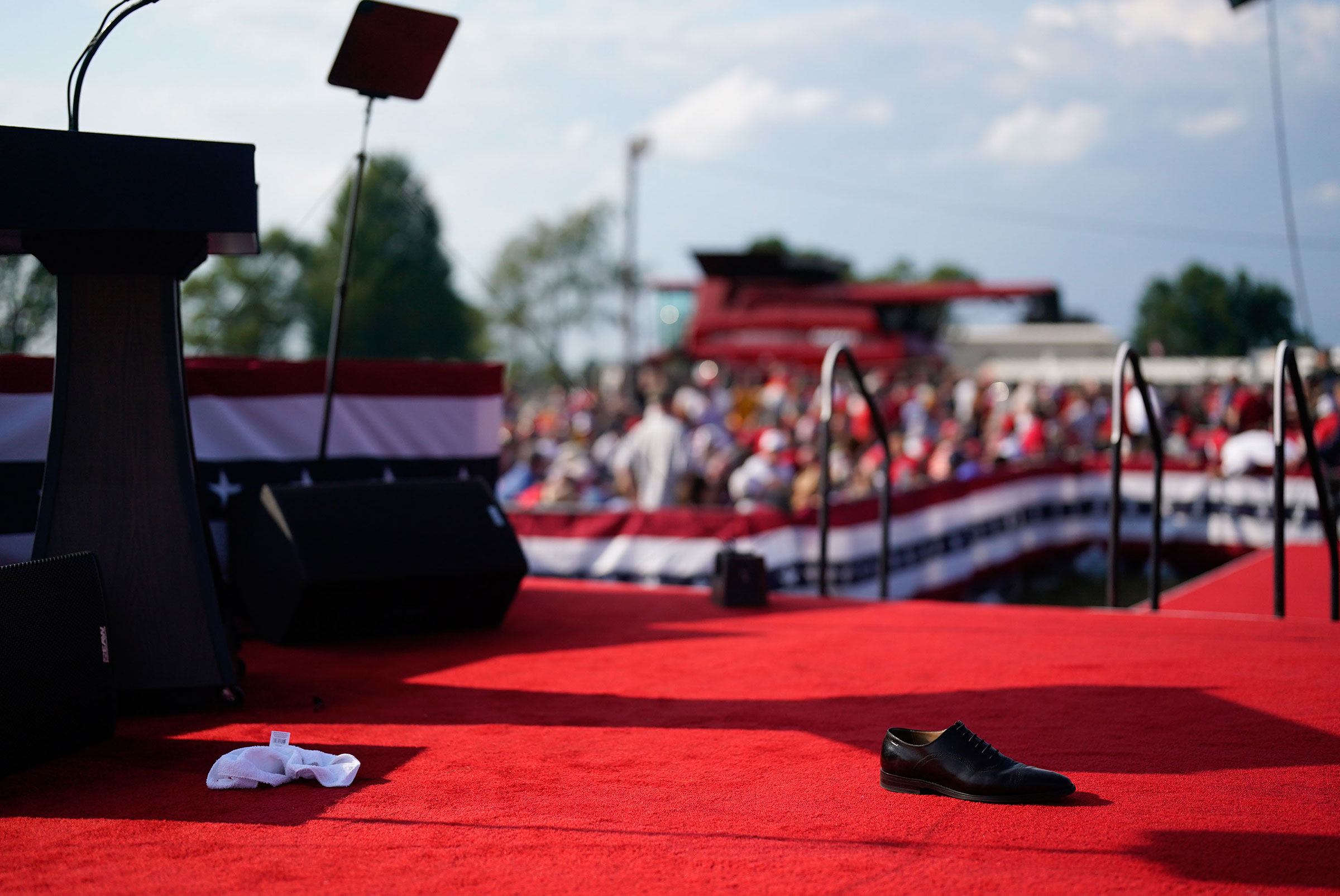 A shoe is left on the stage during a campaign rally for former President Donald Trump at Butler Farm Show Inc. in Butler, Pa., on July 13, 2024.