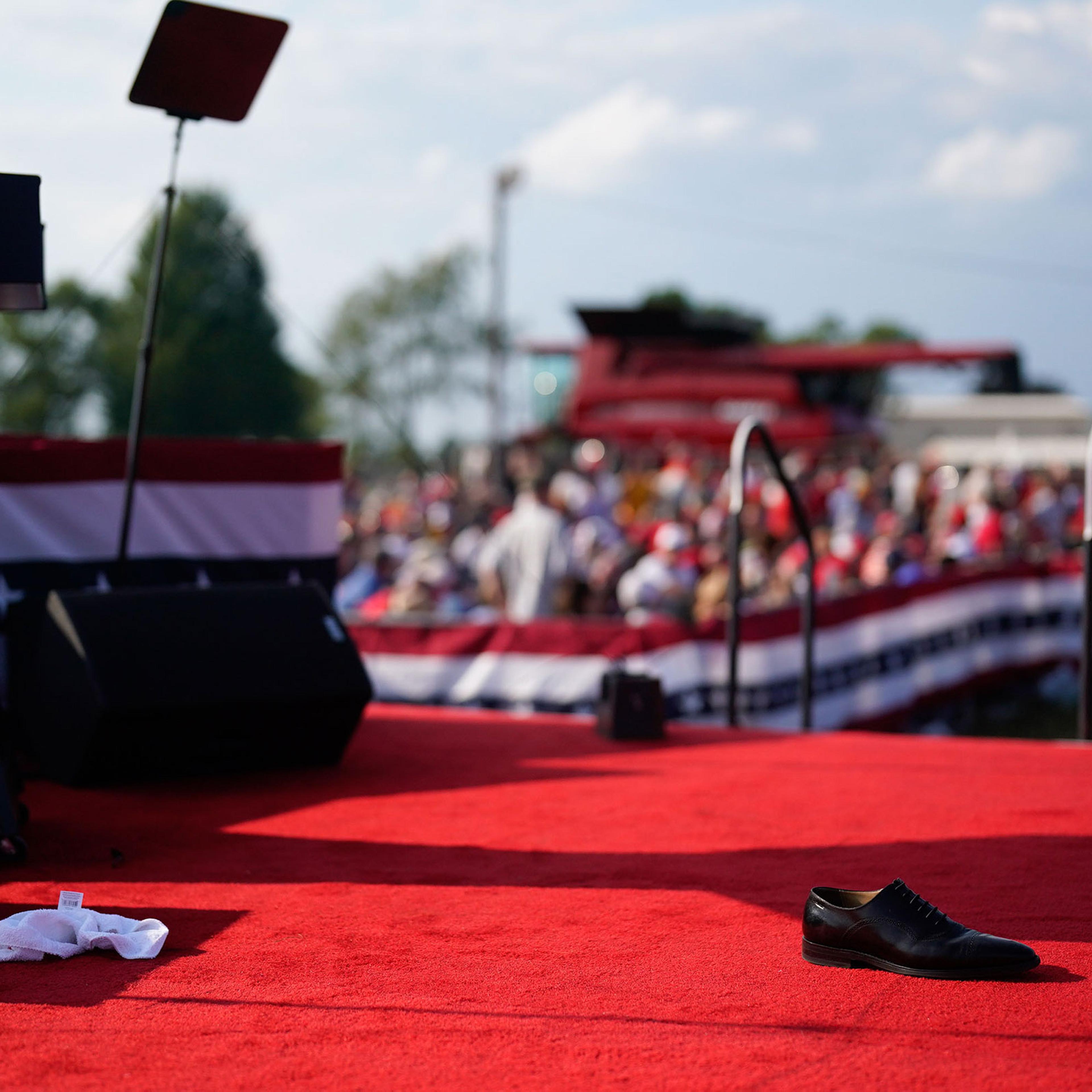 A shoe is left on the stage during a campaign rally for former President Donald Trump at Butler Farm Show Inc. in Butler, Pa., on July 13, 2024.