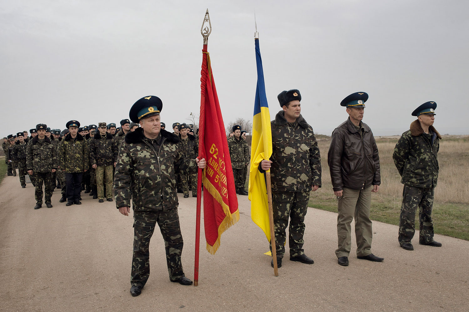 Unarmed Ukrainian soldiers during a standoff with armed Russian troops on March 4, 2014.