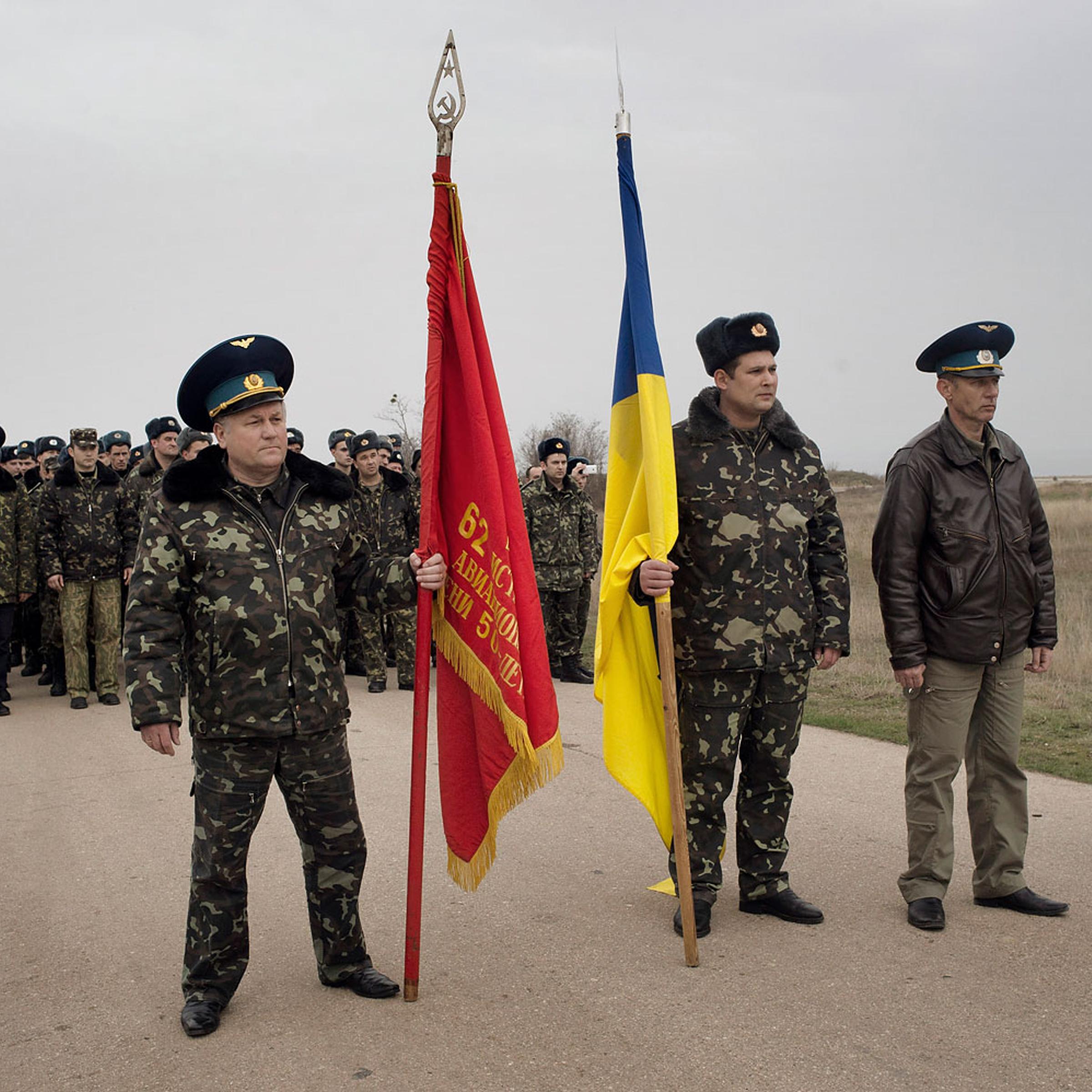 Unarmed Ukrainian soldiers during a standoff with armed Russian troops on March 4, 2014.