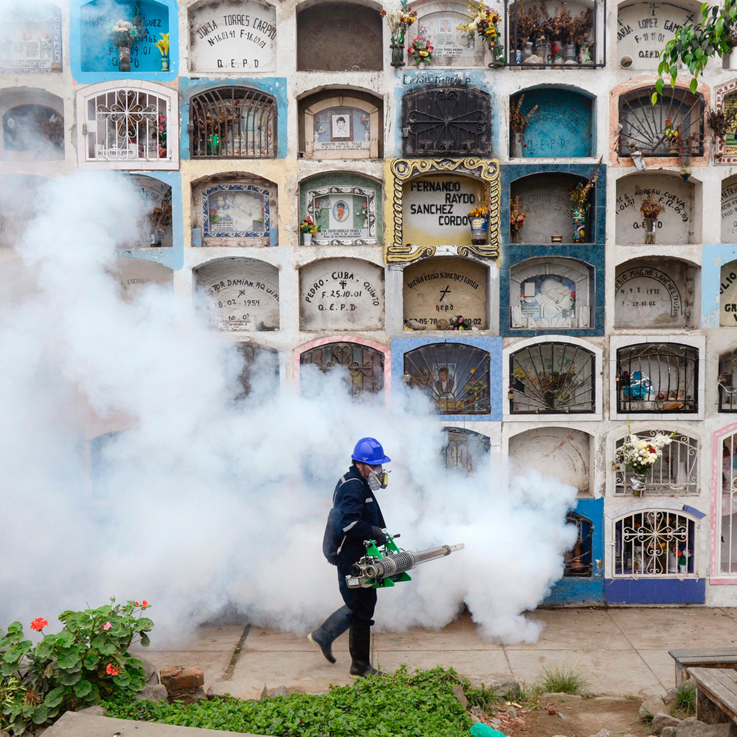 In an effort to stop the spread of Zika, a specialist fumigates a graveyard in Lima on Jan. 15