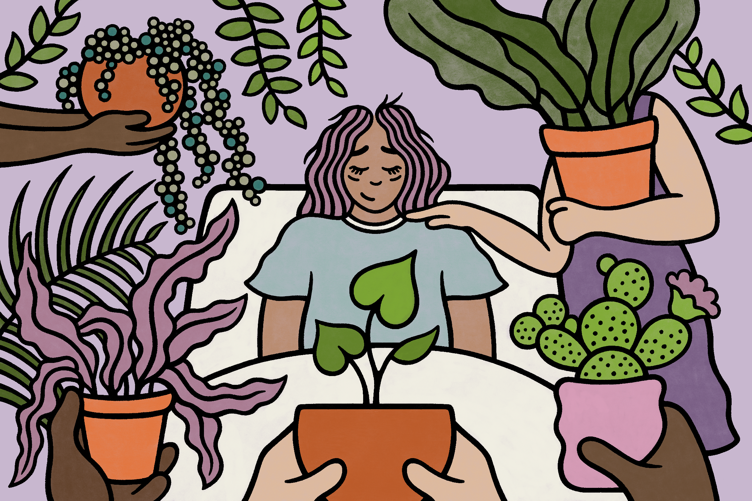 illustration of a woman in bed and others holding plants