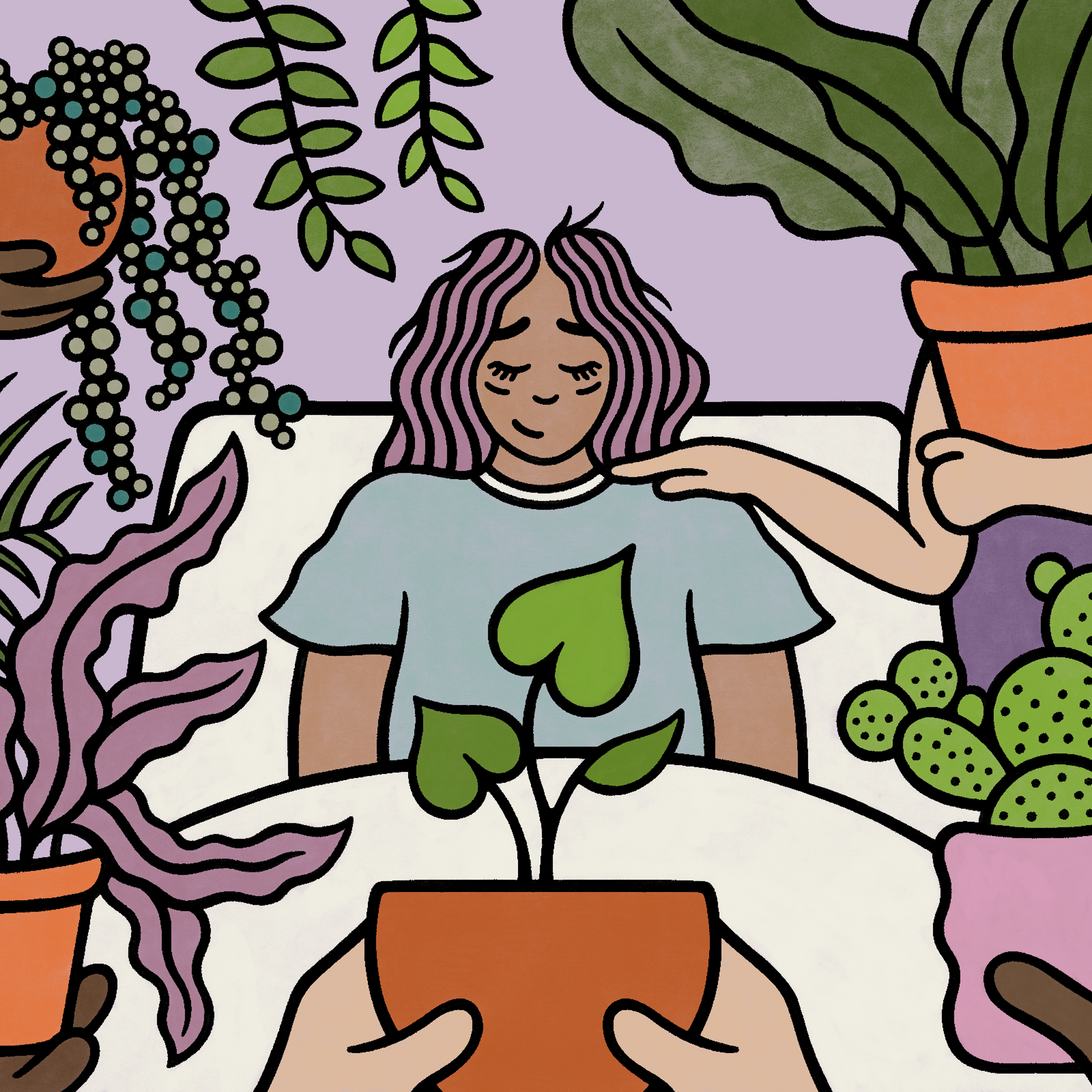illustration of a woman in bed and others holding plants