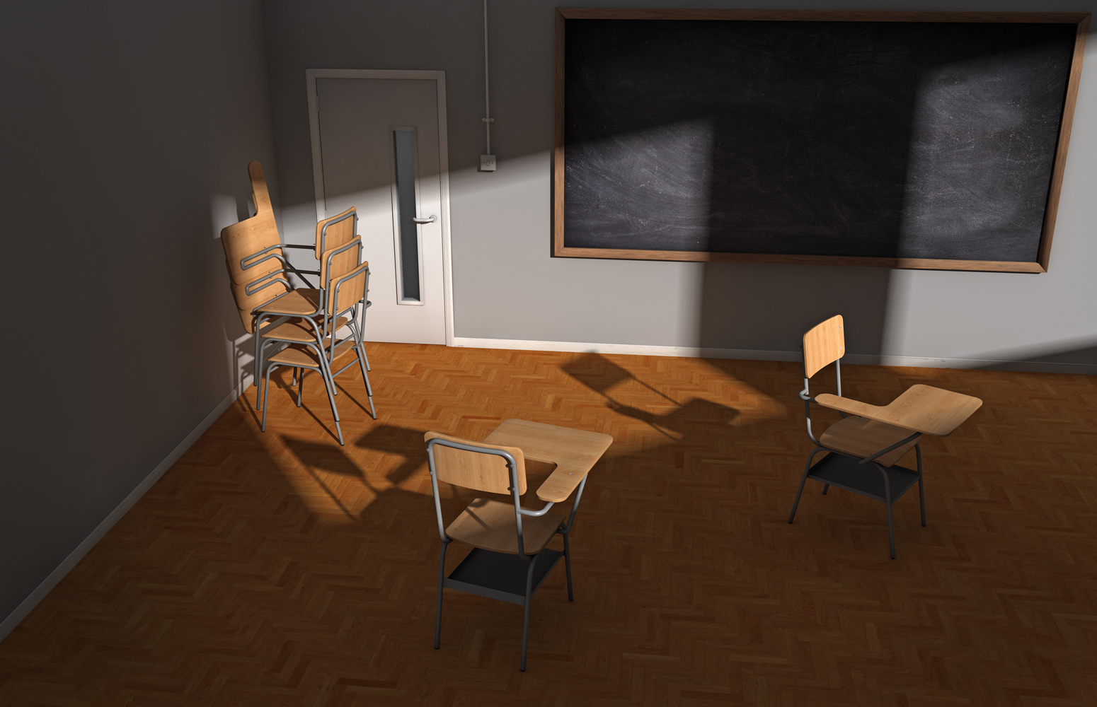 A computer generated image created to illustrate TIME's education story <i>College Is Dead. Long Live College!</i> in the Oct. 29 issue of the magazine.</br></br>
<i>"I wanted to create the feeling of an empty university classroom, locked up and discarded as no longer being relevant. I feel the image works well and importantly compliments the fascinating piece by Amanda Ripley. Although the image is constructed from within 3D computer modeling software the methodology is fairly conventionally photographic, i.e. construct the set and light it with virtual lights the properties of which are based on 'real world physics' algorithms. I then set up a virtual camera and began the render process. This, depending on the specification of your computer, can be a lengthy process. In this case—just under three hours."</i>