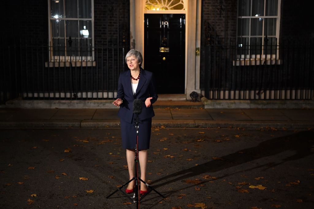 Britain's Prime Minister Theresa May gives a statement outside 10 Downing Street in London on November 14, 2018