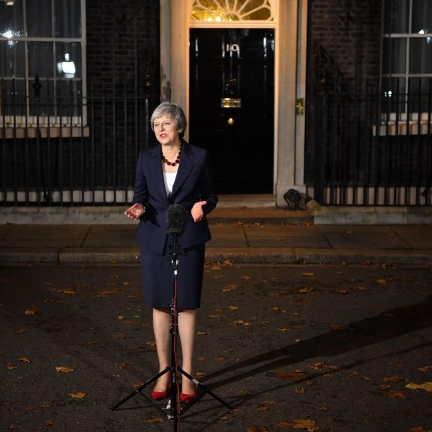 Britain's Prime Minister Theresa May gives a statement outside 10 Downing Street in London on November 14, 2018