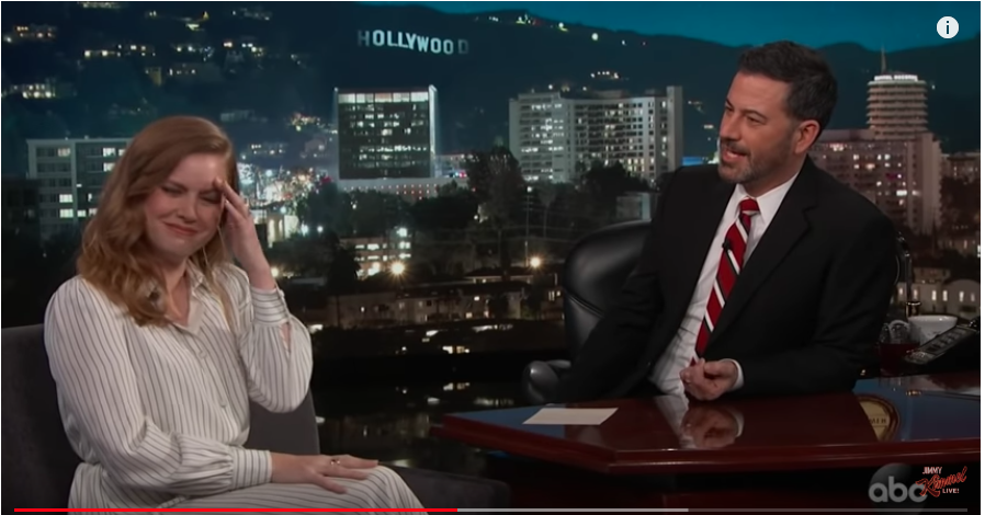 This picture taken from video shows Jimmy Kimmel interviewing Amy Adams about how she rejected a hug from Brad Pitt.