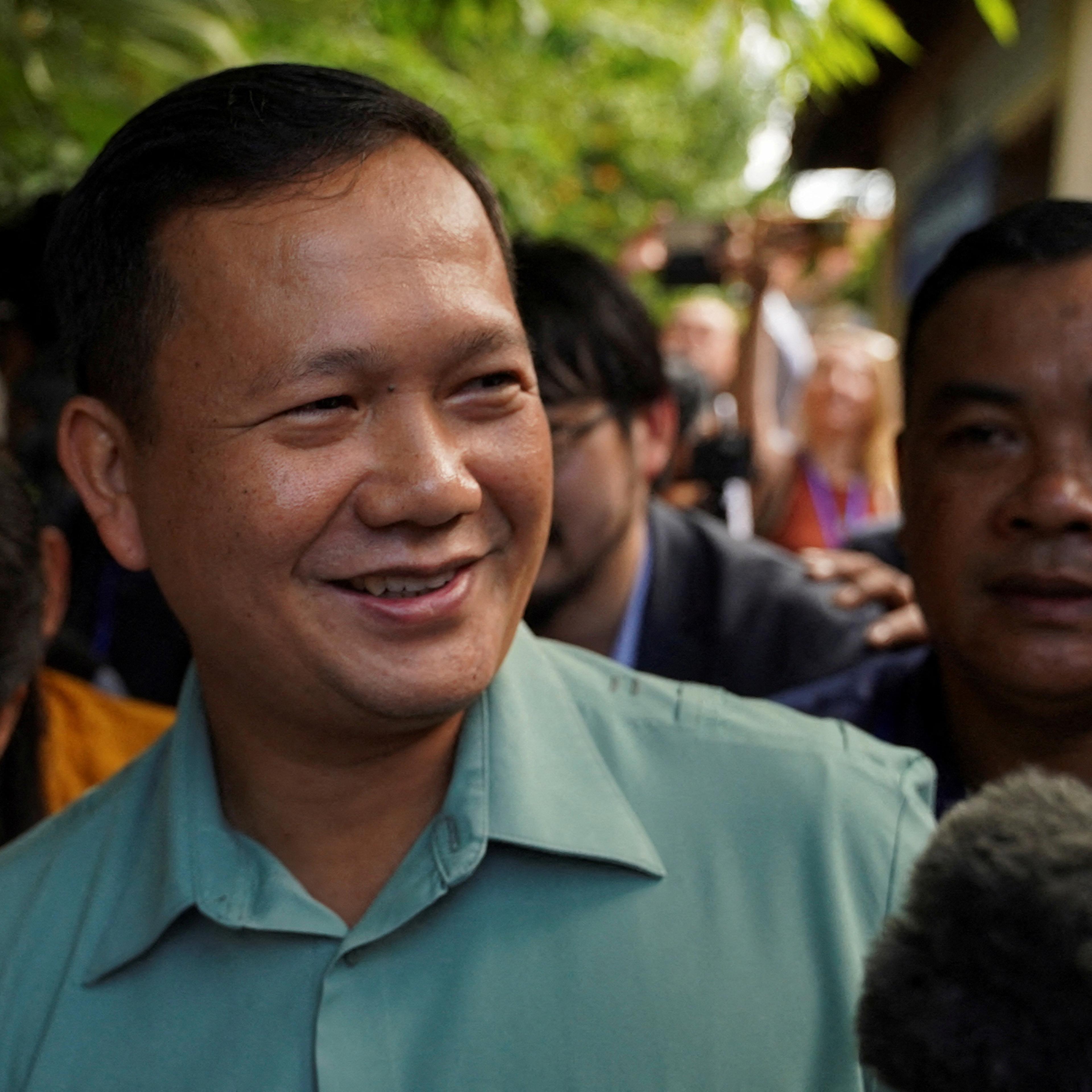 Hun Manet, son of Cambodia's Prime Minister Hun Sen, is seen at a polling station on the day of Cambodia's general election, in Phnom Penh, Cambodia, on July 23.